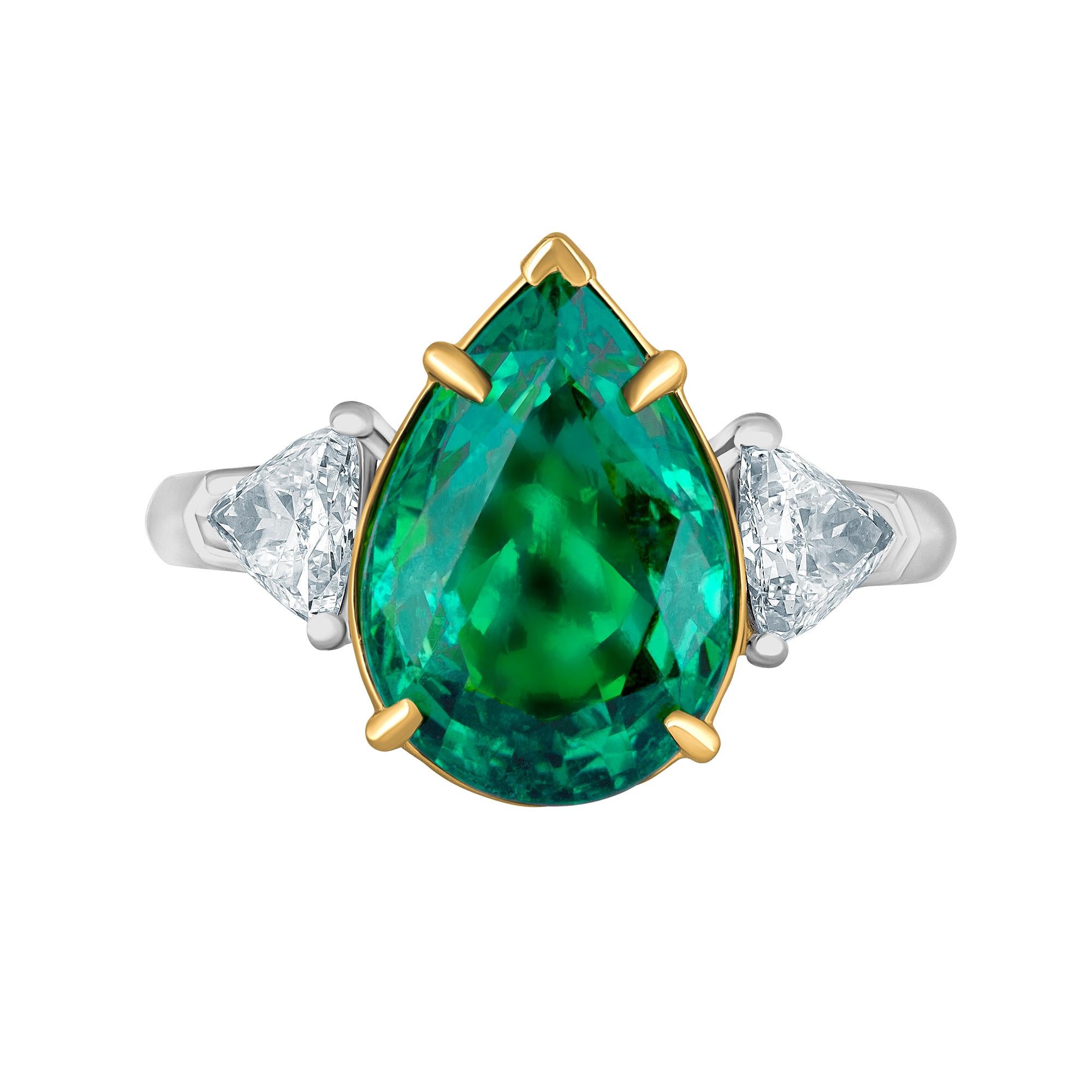 Emilio Jewelry 5.49 Carat Pear Shape Emerald Diamond Ring
