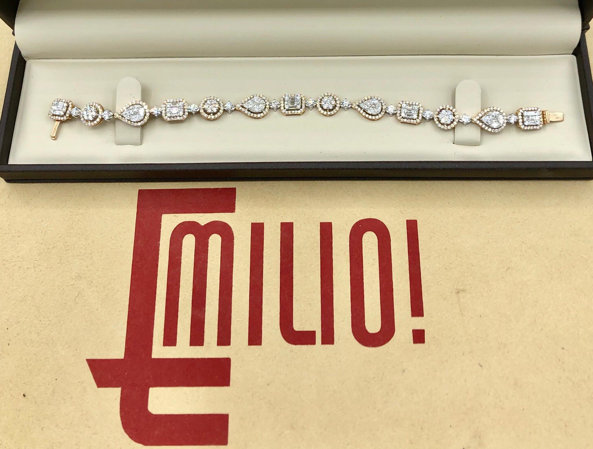 This amazing bracelet is also available to order in 18k white gold. It was well thought out before Emilio designed it! Hand made in the Emilio Jewelry Factory. Here are the details
Metal: 18k
Natural Diamonds: 5.92 carats mixed shapes including
