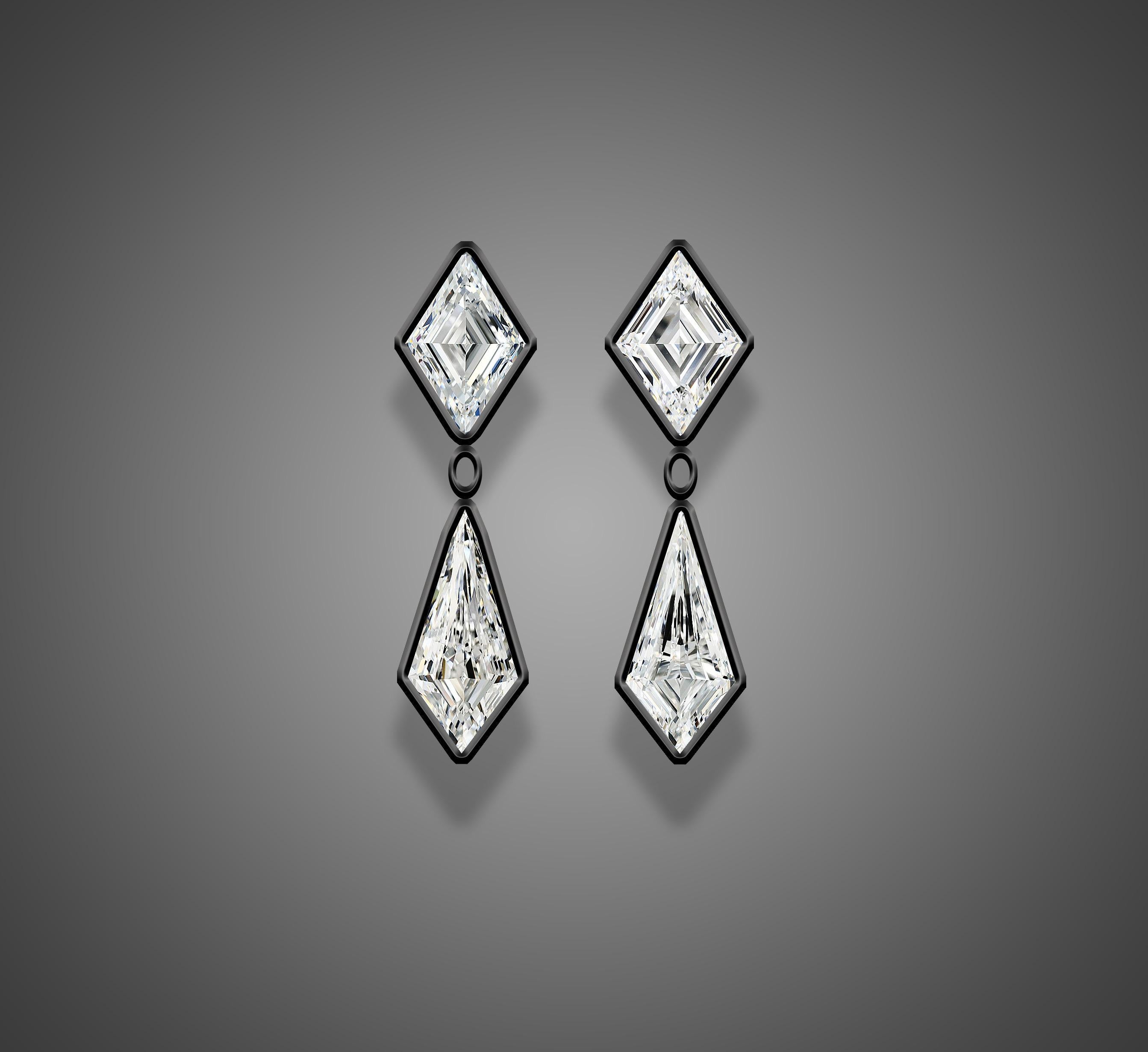 Diamond details are
LOZENGE DIAMOND
3.20ct / 2pcs
D / VS2
10.58-7.26x3.67mm
10.76-7.15x4.08mm
NON-FNT
GIA certified

KITE DIAMOND
3.01ct / 2pcs
D / VS1-VS2
13.62-6.11x3.65mm
13.64-6.17x3.47mm
NON-FNT
GIA certified
From Emilio Jewelry, a well known
