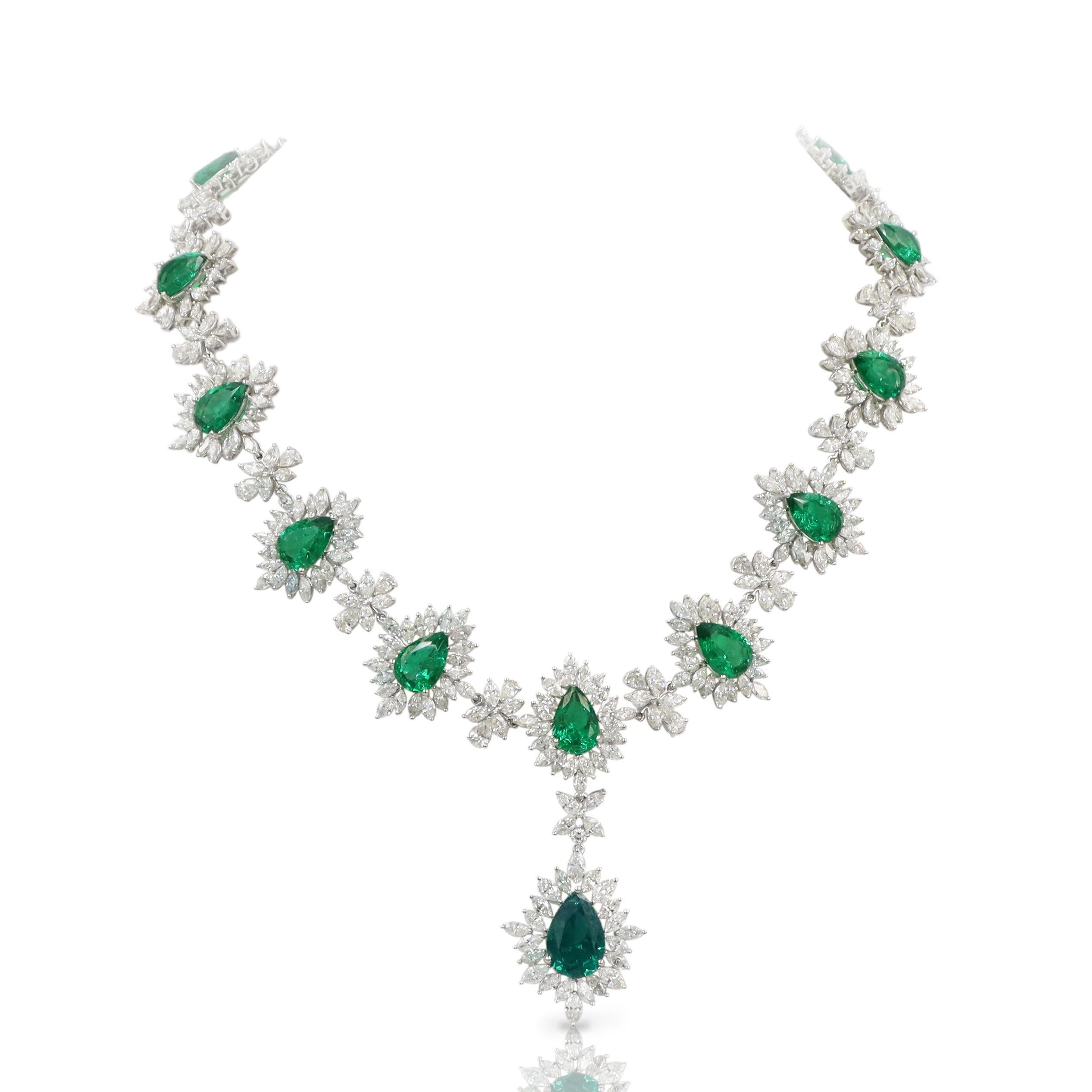 From the vault at Emilio Jewelry located on New York's iconic Fifth Avenue,
Featuring an astonishing array of high quality emeralds and diamonds to create this red carpet necklace. 
Gross Weight gold: over 100 grams 
Diamond Weight: 32.24 carats D-F