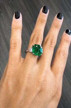 Emilio Jewelry 6.72 Carat Vivid Green Zambian Emerald and Diamond Platinum Ring