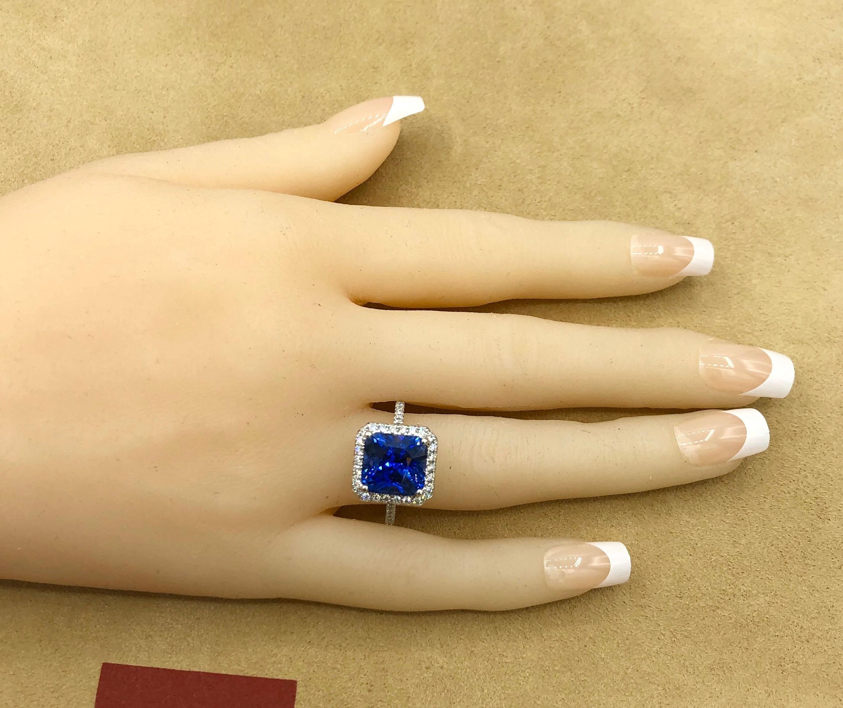 Emilio Jewelry 7.69 Carat AGL Certified Radiant Sapphire Diamond Ring For Sale 2