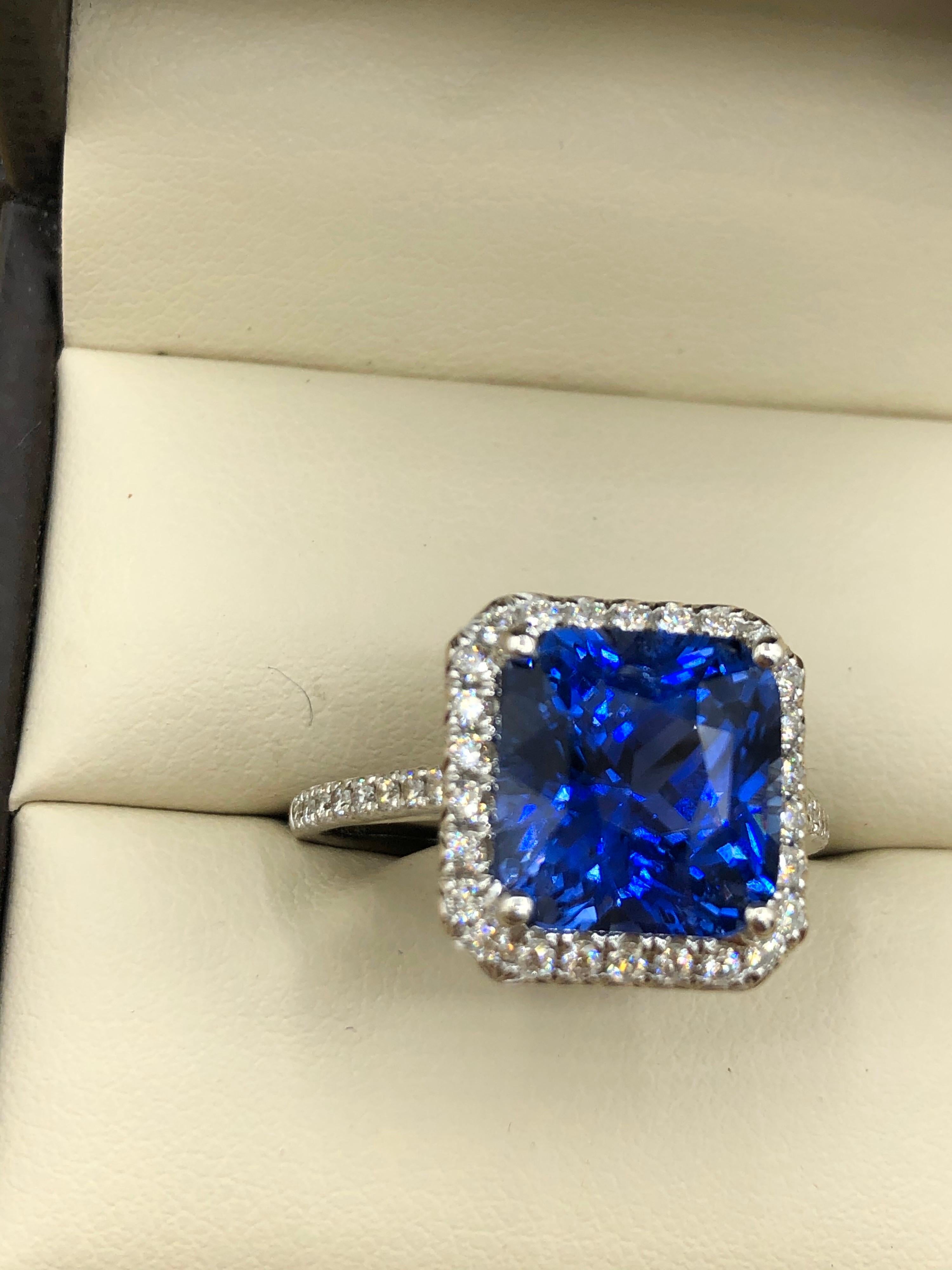 Emilio Jewelry 7.69 Carat AGL Certified Radiant Sapphire Diamond Ring For Sale 3