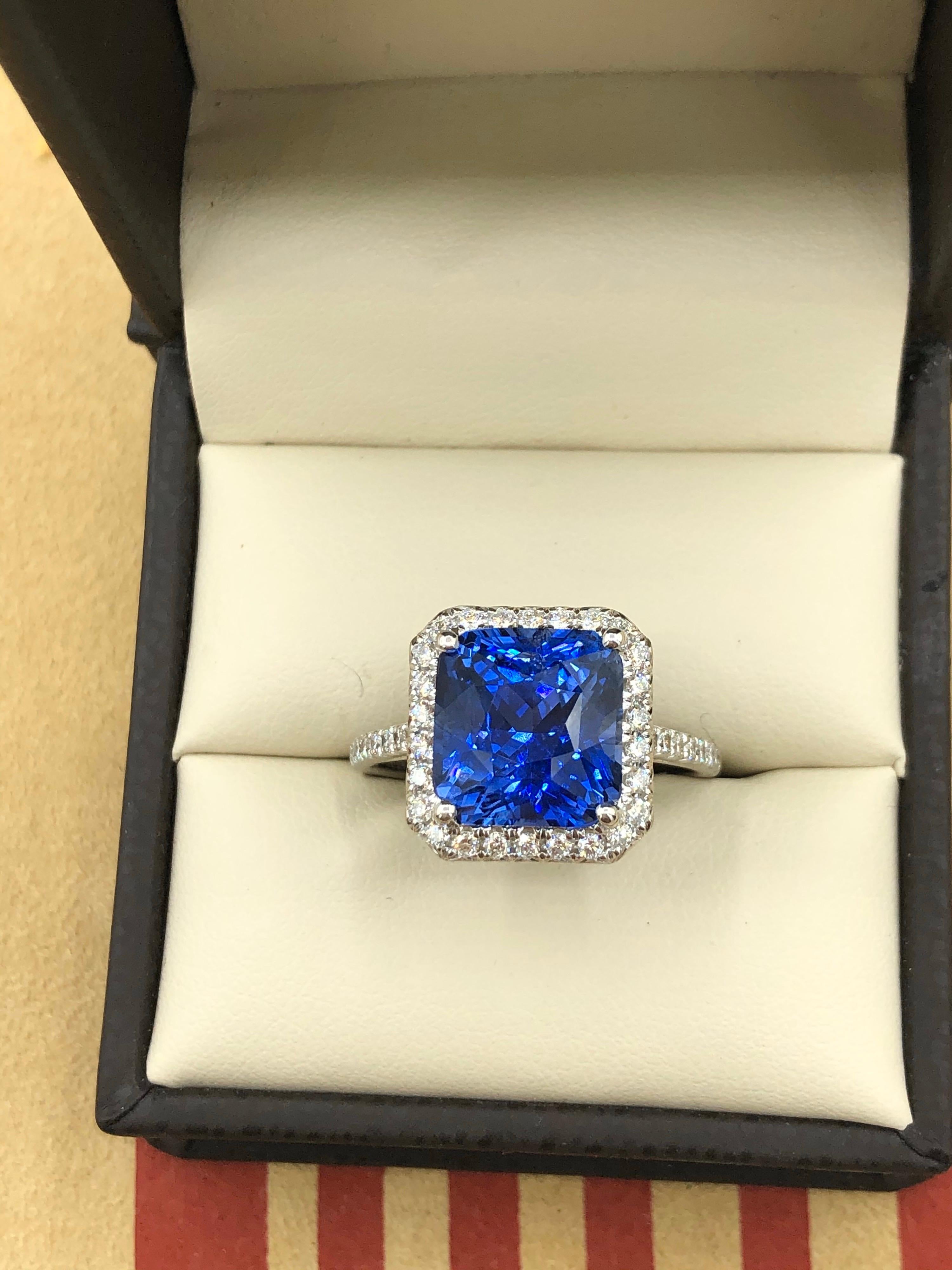 Emilio Jewelry 7.69 Carat AGL Certified Radiant Sapphire Diamond Ring For Sale 4