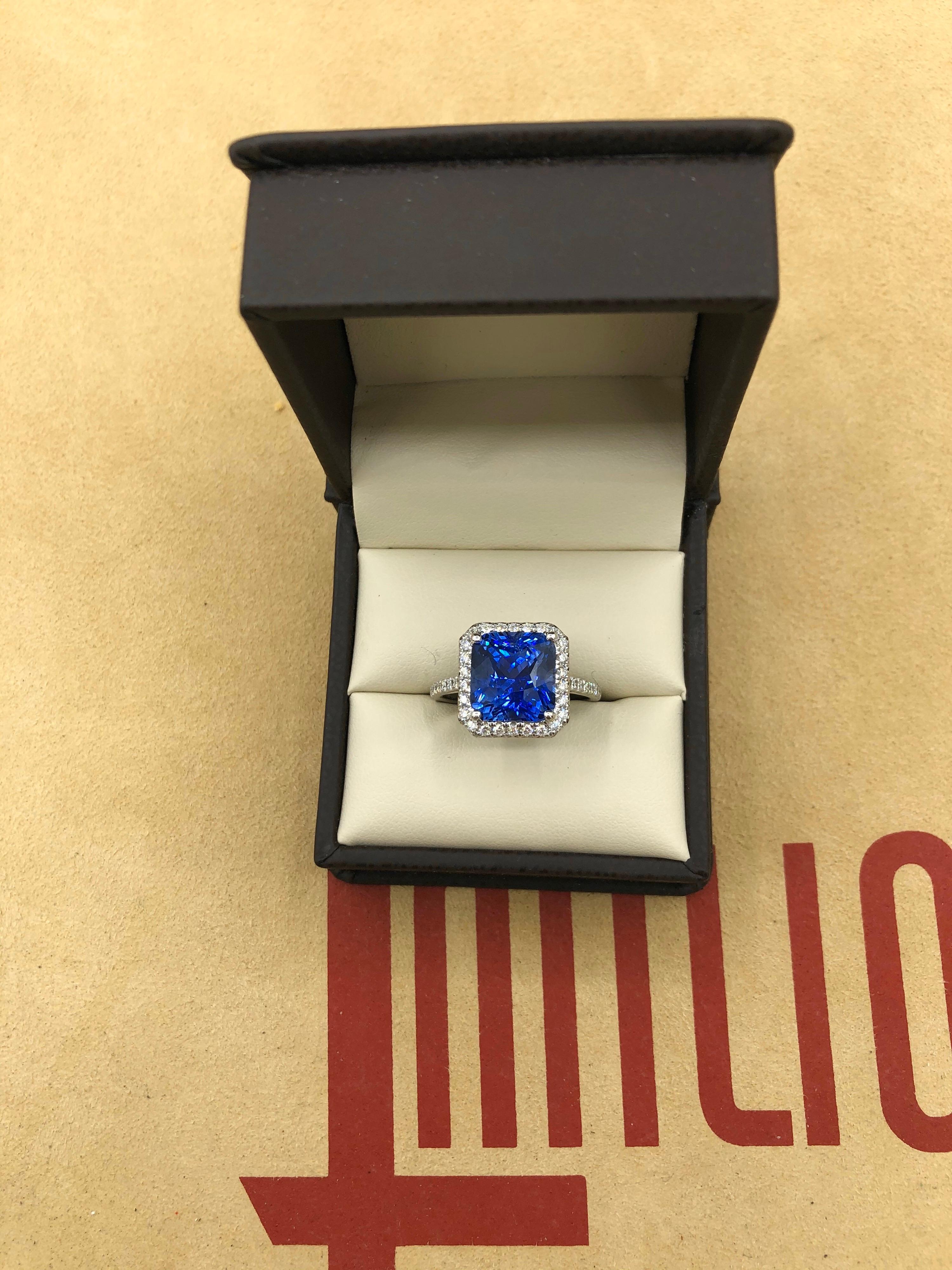 Emilio Jewelry 7.69 Carat AGL Certified Radiant Sapphire Diamond Ring For Sale 5