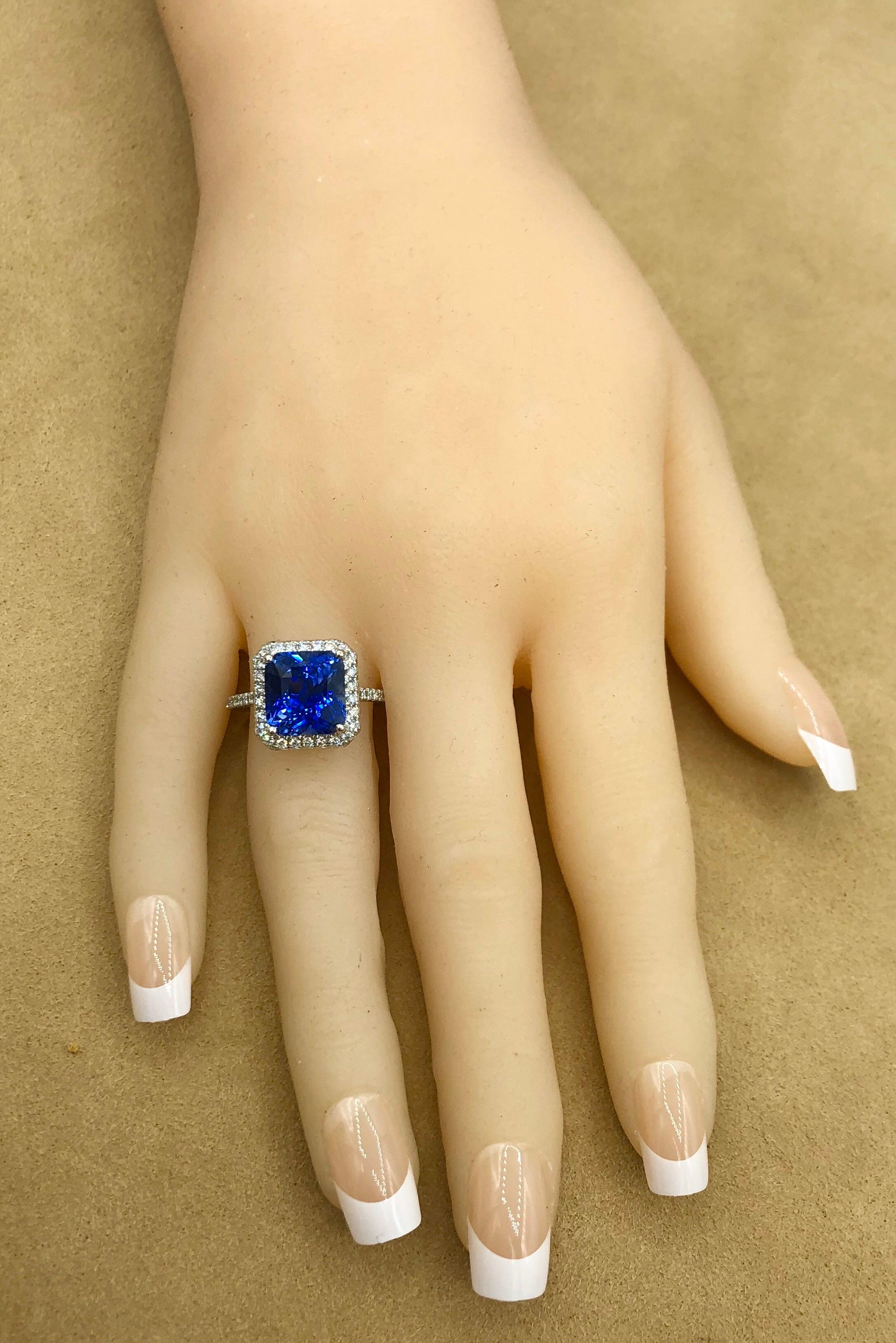 Women's or Men's Emilio Jewelry 7.69 Carat AGL Certified Radiant Sapphire Diamond Ring For Sale