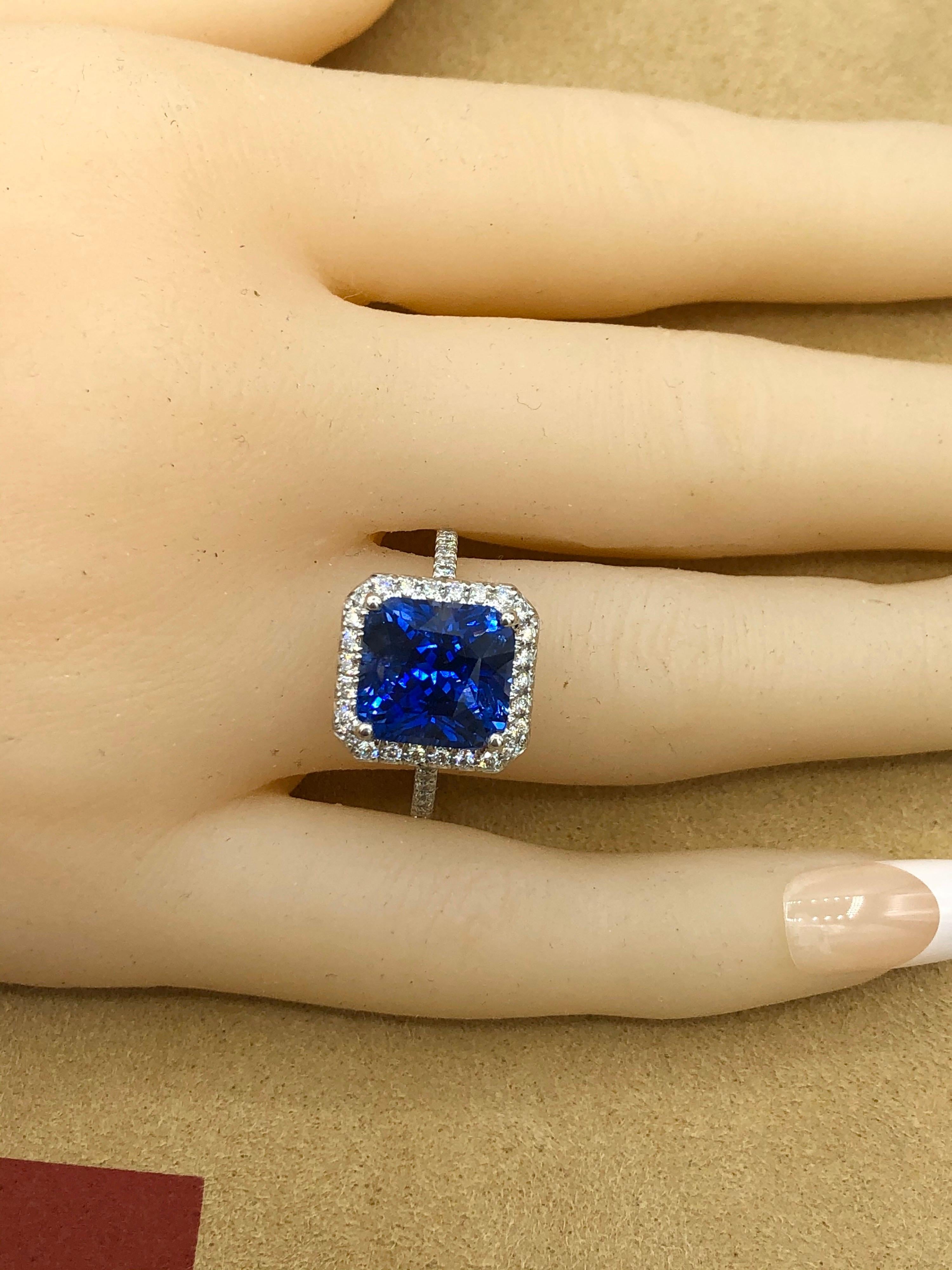 Emilio Jewelry 7.69 Carat AGL Certified Radiant Sapphire Diamond Ring For Sale 1