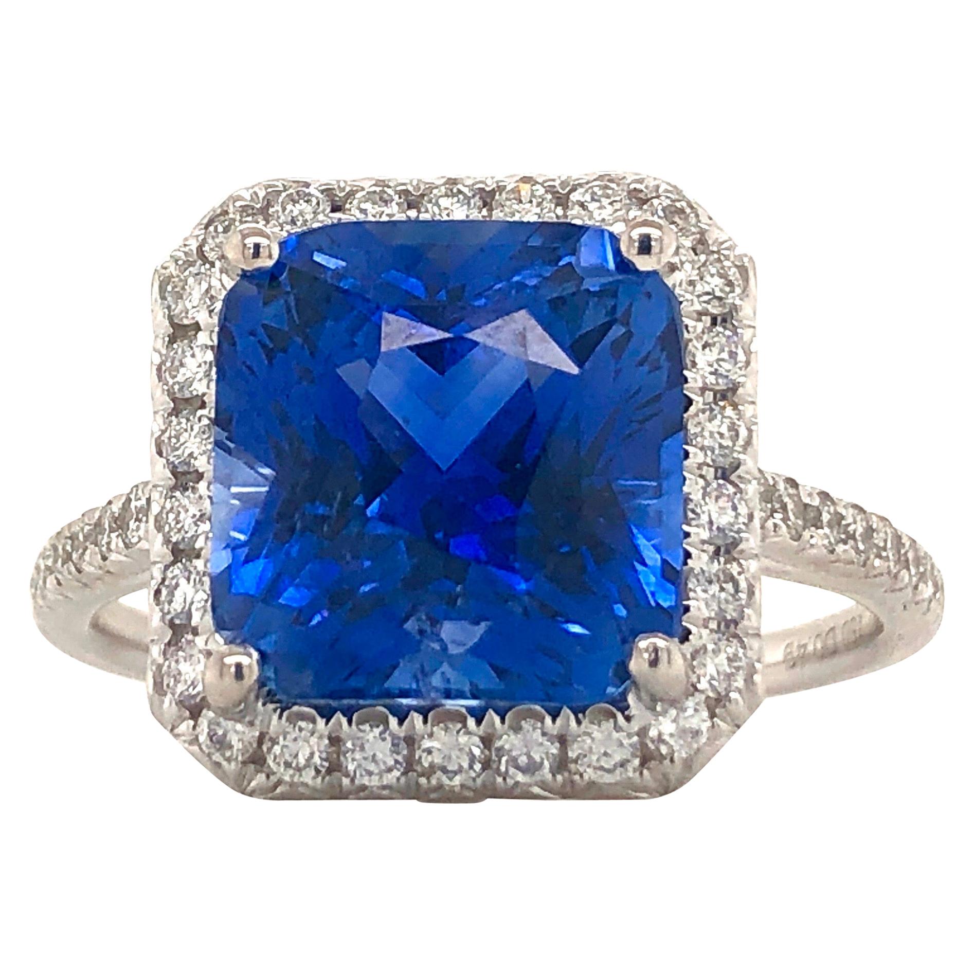 Emilio Jewelry 7.69 Carat AGL Certified Radiant Sapphire Diamond Ring For Sale