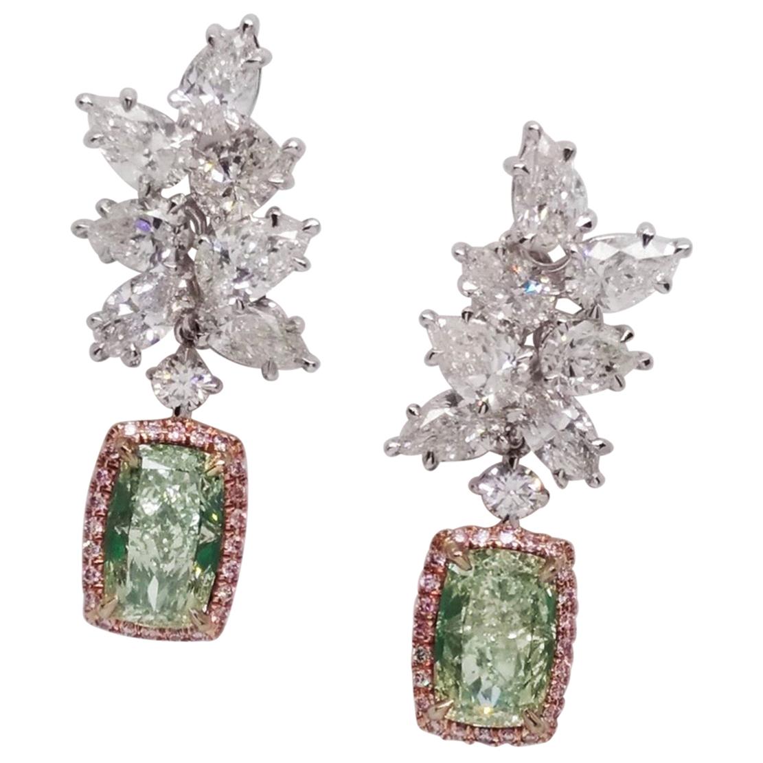 Boucles d'oreilles fantaisie en diamant vert jauneâtre de 8,80 carats certifiées par le GIA, Emilio Jewelry