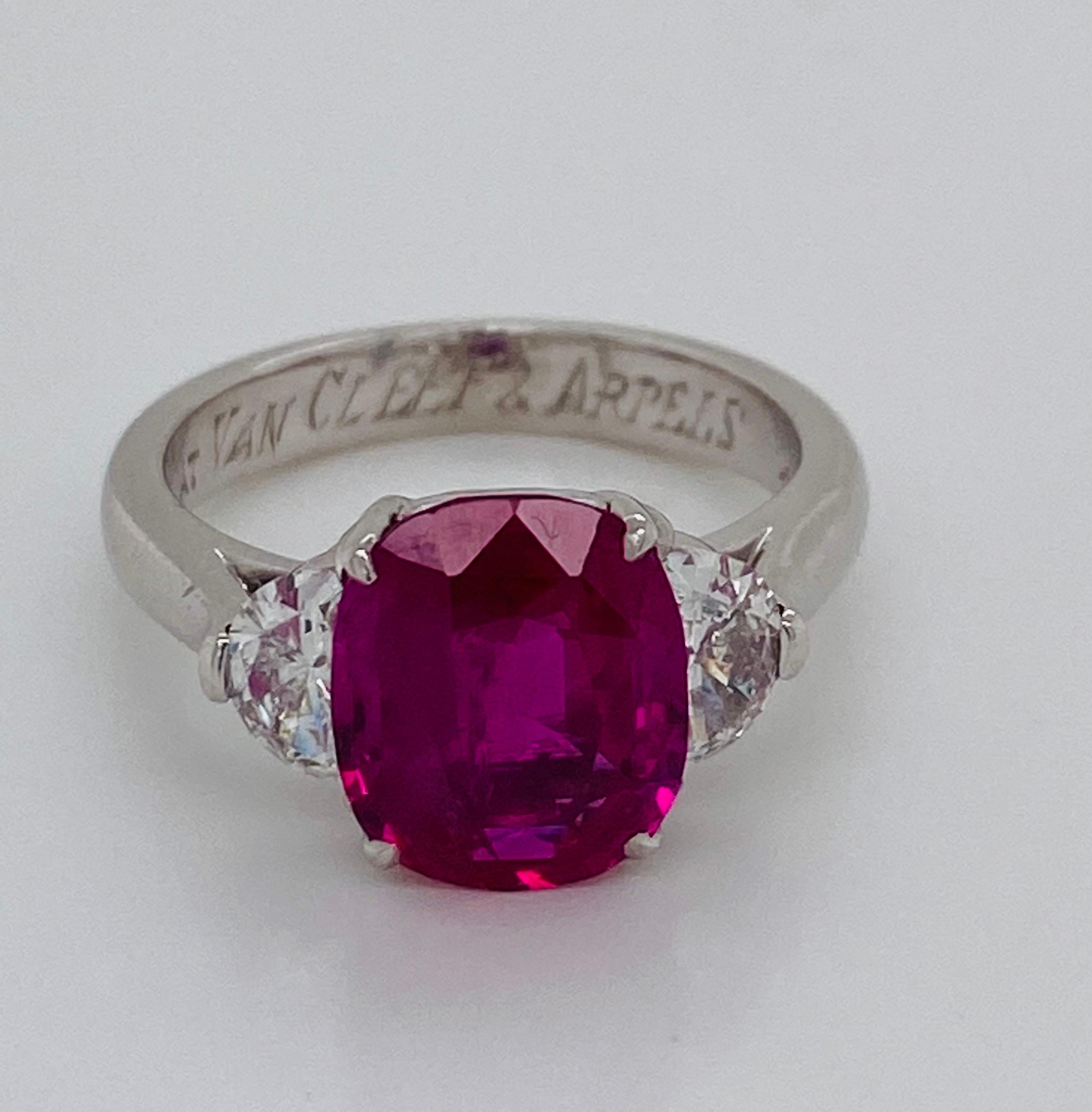 From the vault at Emilio Jewelry, Located On New York’s Iconic Fifth Avenue:
Showcasing a magnificent natural AGL certified Burma no heat ruby weighing 3.16 carats, Set in a Platinum signed Van Cleef and arpels mounting. Burmese rubies are the