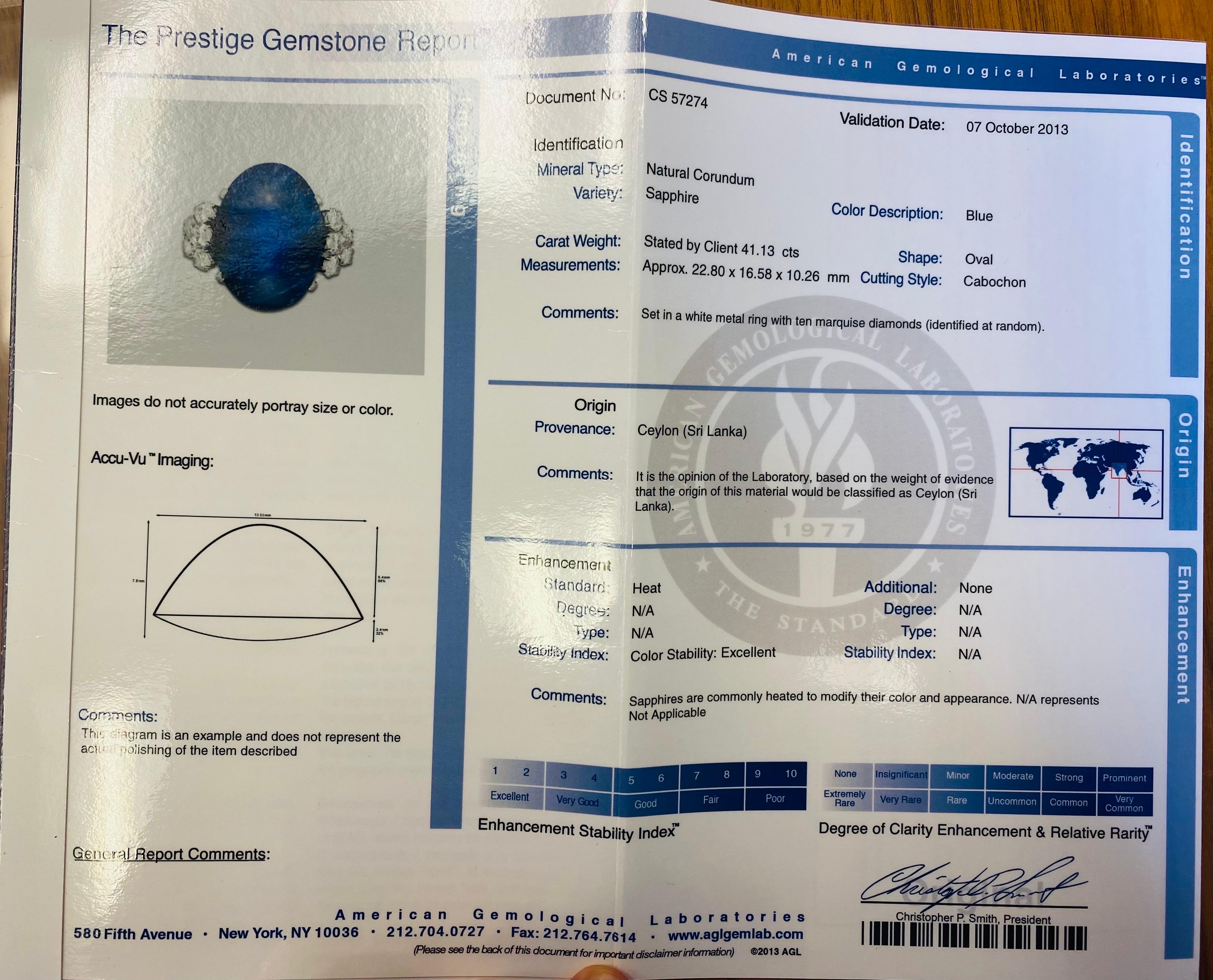 Emilio Jewelry AGL Certified 41.00 Carat Cabochon Cornflower Blue Sapphire Ring  For Sale 8