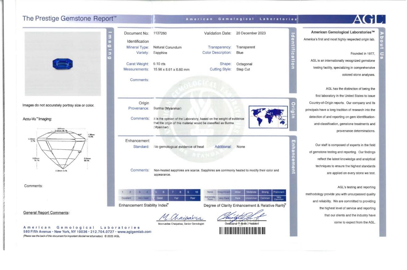 Gioielli Emilio! Anello con zaffiro taglio smeraldo certificato AGL da 9,10 carati Burma No Heat In condizioni ottime in vendita a New York, NY