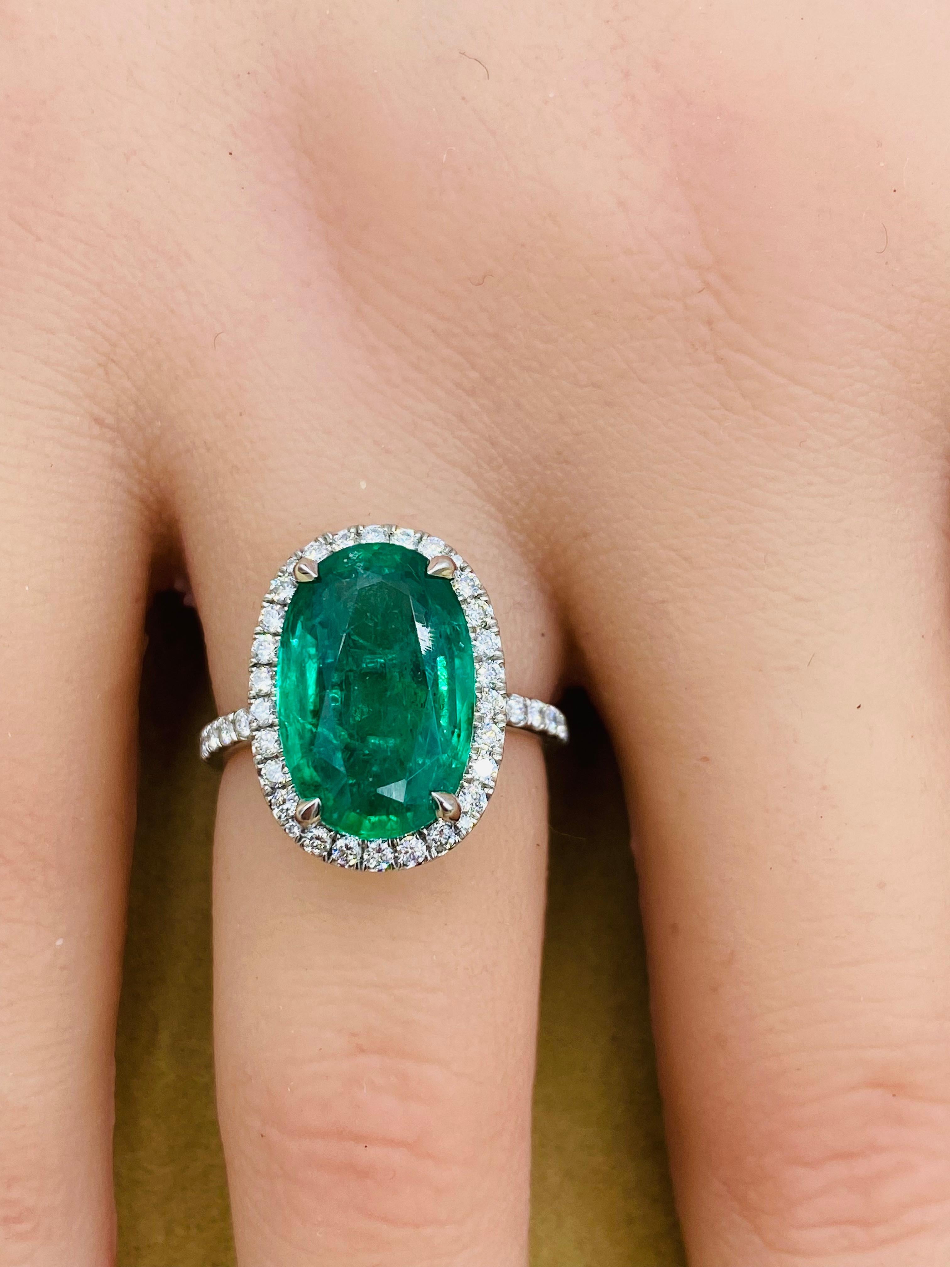 Emilio Jewelry AGL Certified Elongated 6.56 Carat Emerald Diamond Ring For Sale 3