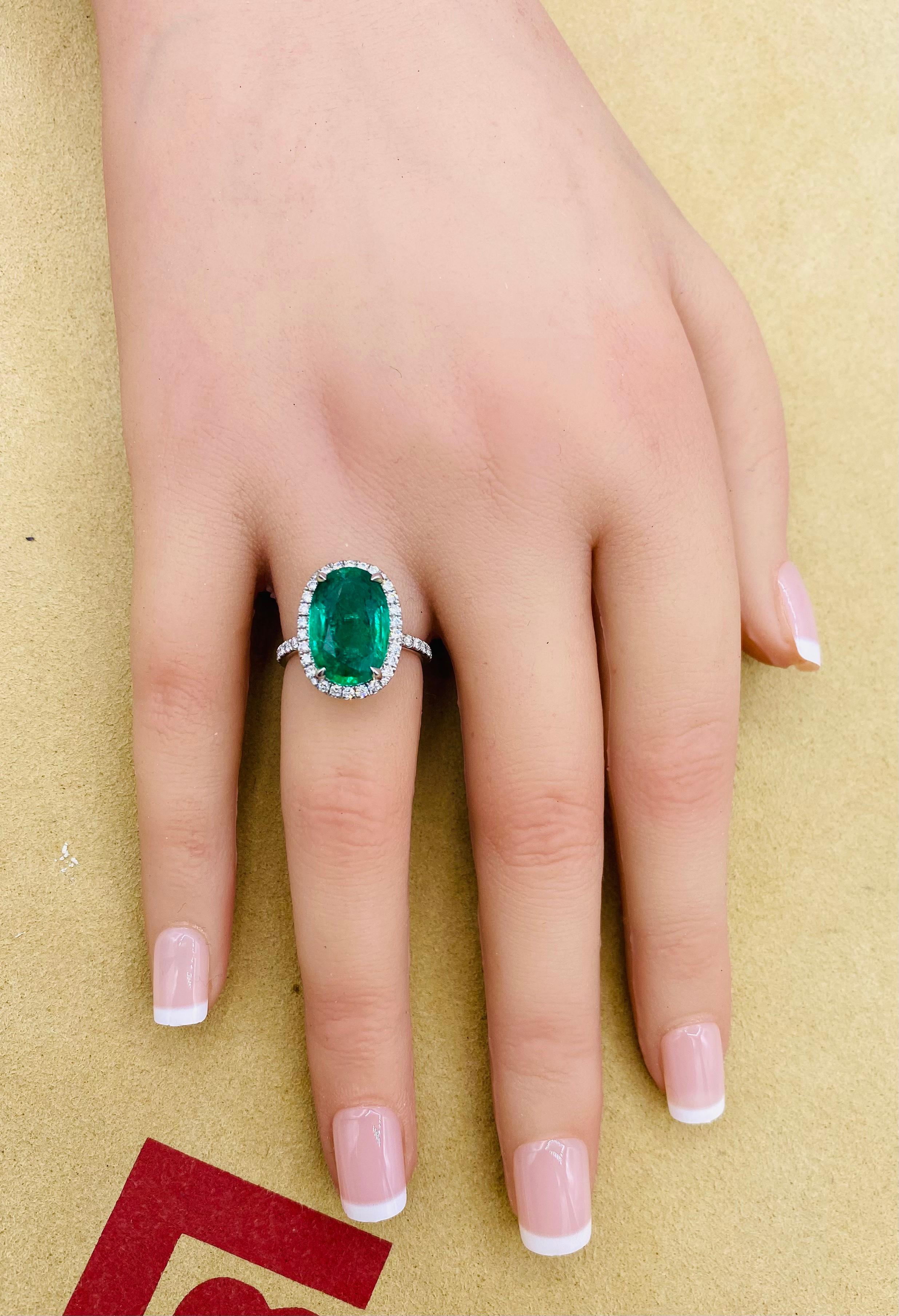 Emilio Jewelry AGL Certified Elongated 6.56 Carat Emerald Diamond Ring For Sale 4