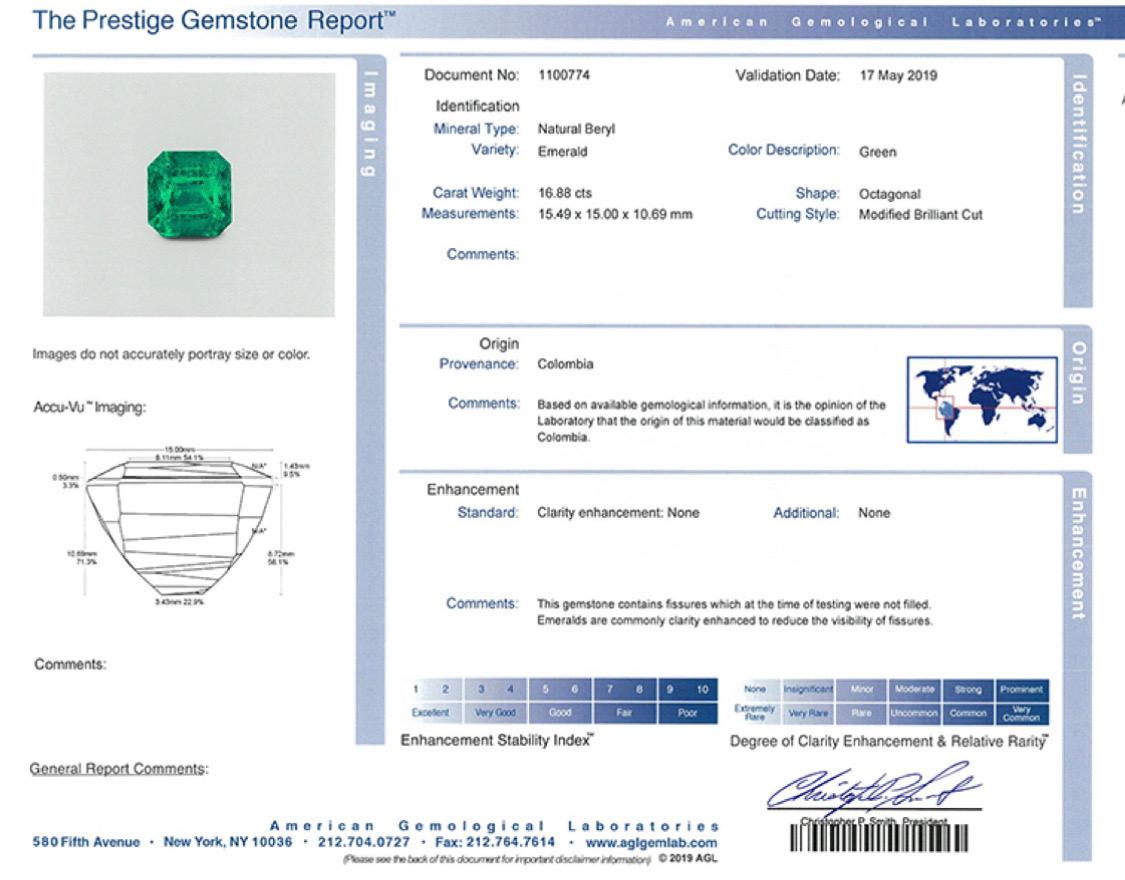 AGL certified 16.88 carat no oil untreated Colombian Emerald center. 