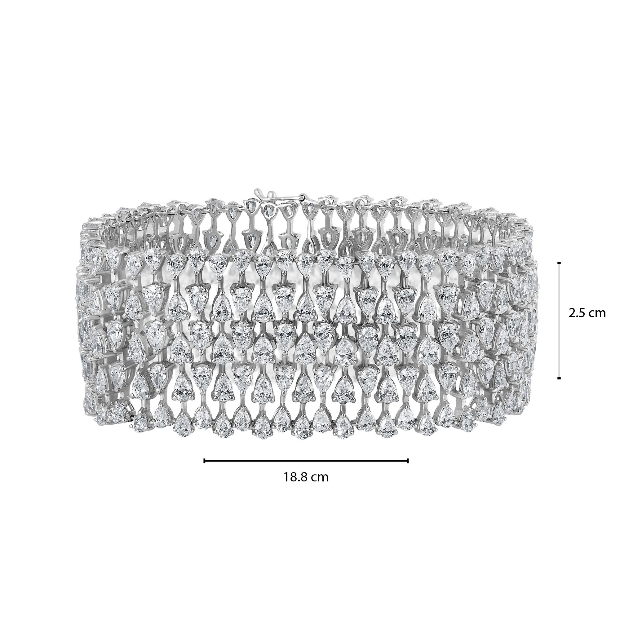 Hand made in the Emilio Jewelry Factory. Here are the details
Metal: 18k
Natural Diamonds: 330 diamonds totaling 21.23 carats 
Color/Clarity: E color Vvs1 clarity 
Cut: excellent 
Width: 1.25 inches wide! 
length: 7 inches can be shorter or longer