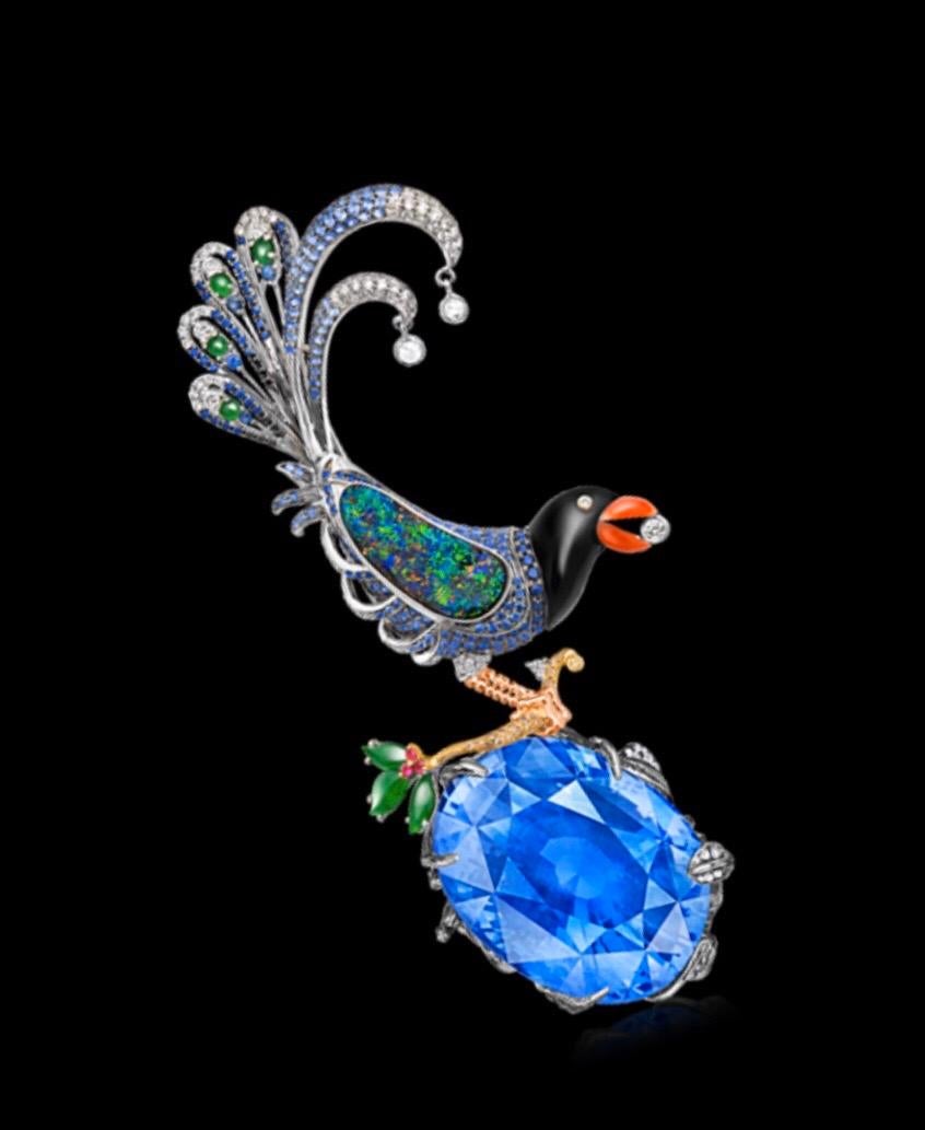 Emilio Jewelry Certified 102.00 Carat Unheated Sapphire Brooch In New Condition For Sale In New York, NY