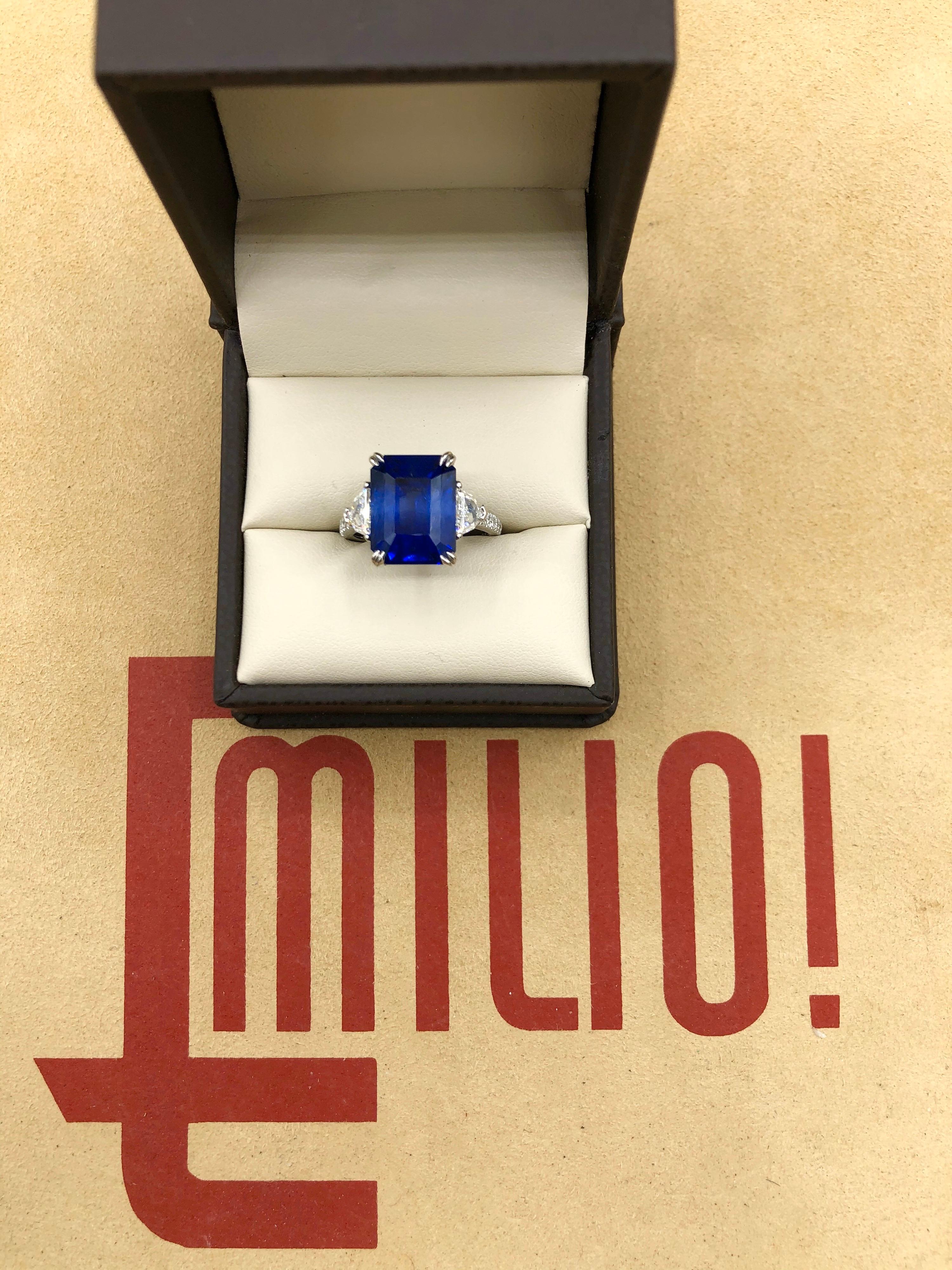 Emilio Jewelry Certified 10.35 Carat Emerald Cut Sapphire Diamond Ring 4