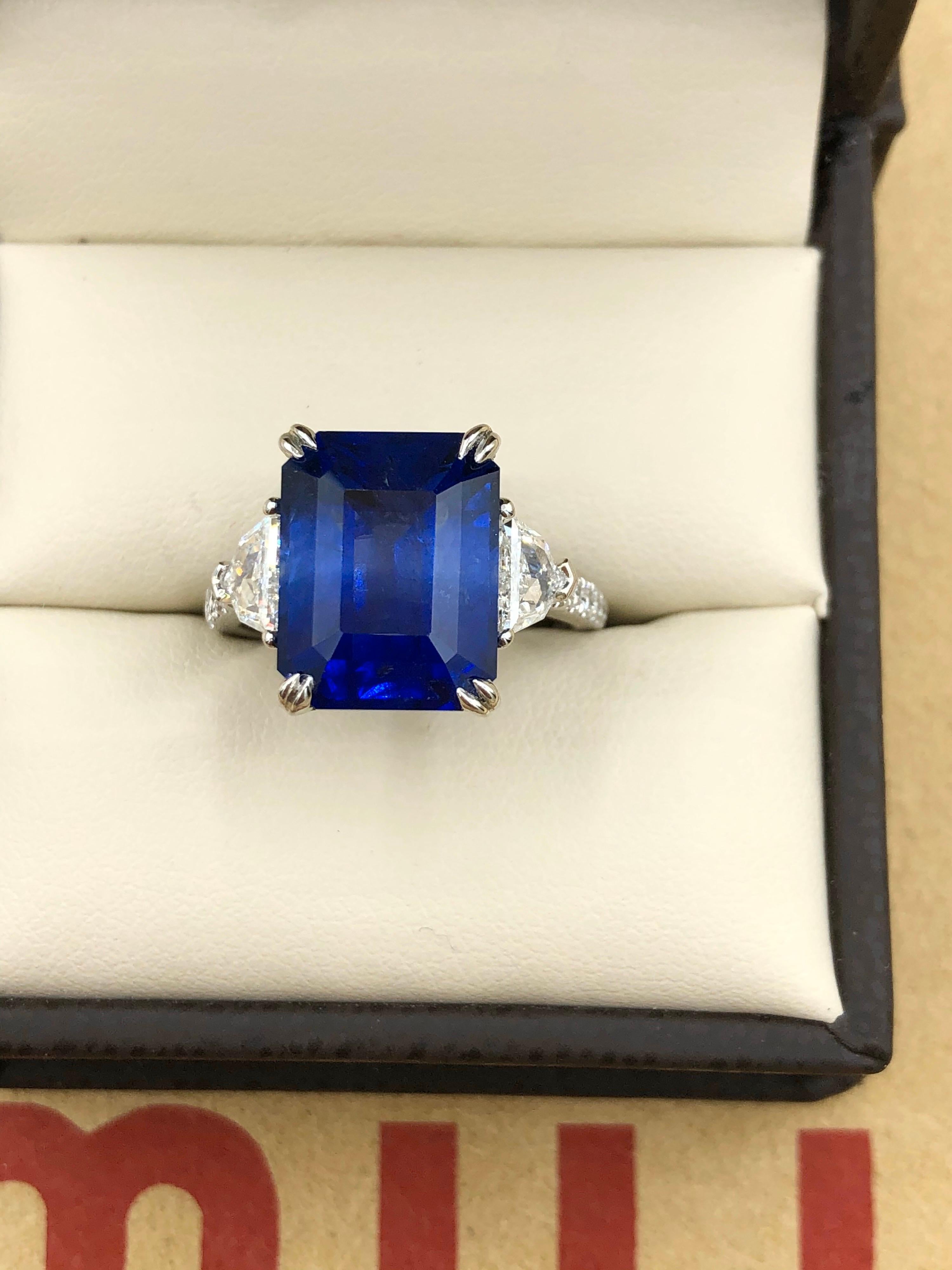 Emilio Jewelry Certified 10.35 Carat Emerald Cut Sapphire Diamond Ring 5