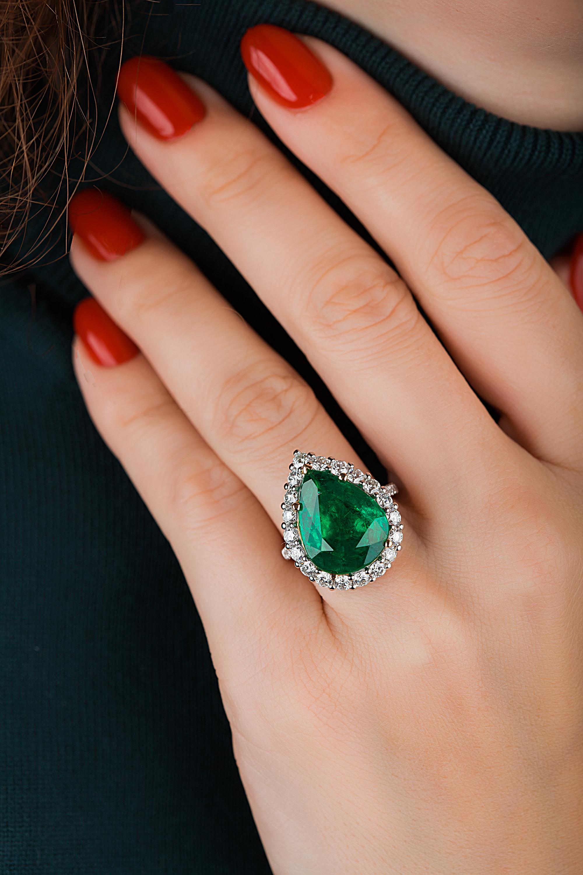 Pear Cut Emilio Jewelry Certified 11.99 Carat Pear Shape Emerald Diamond Ring For Sale