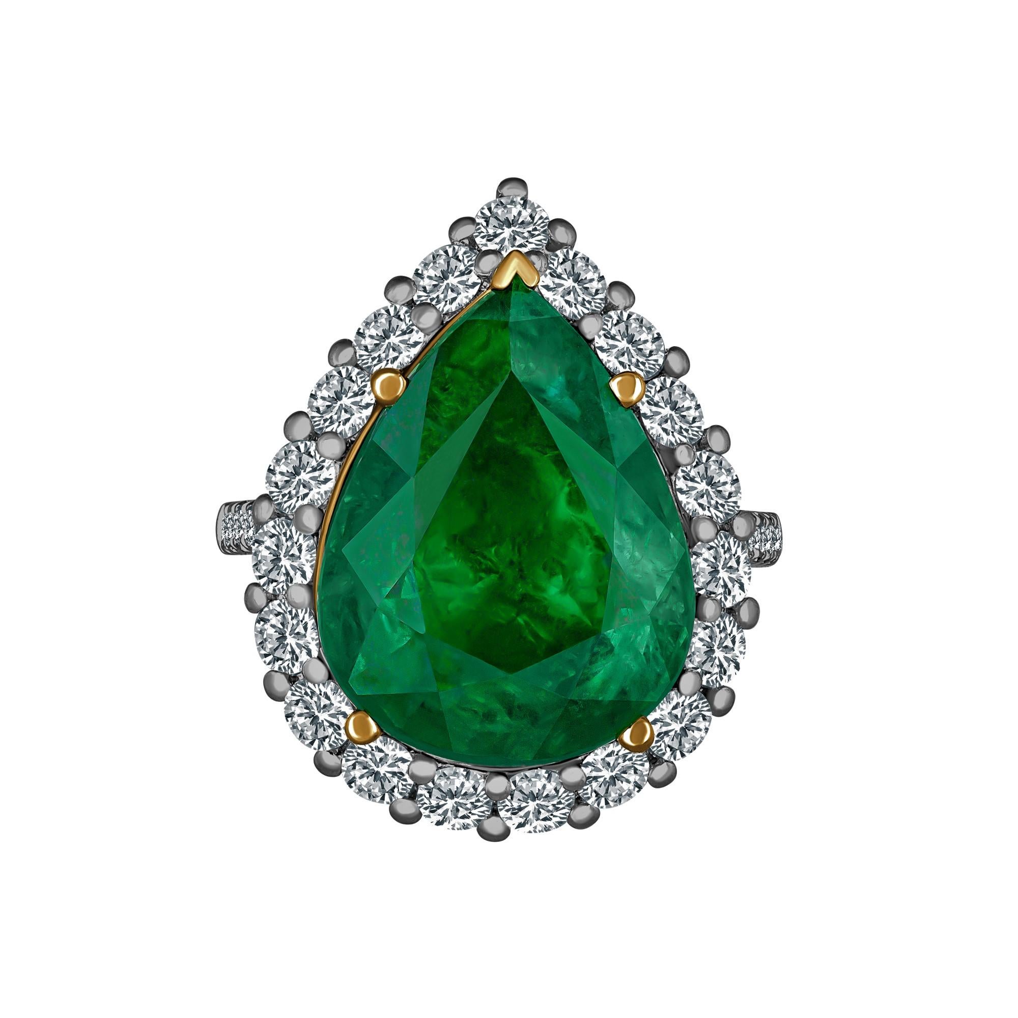 Emilio Jewelry Certified 11.99 Carat Pear Shape Emerald Diamond Ring For Sale