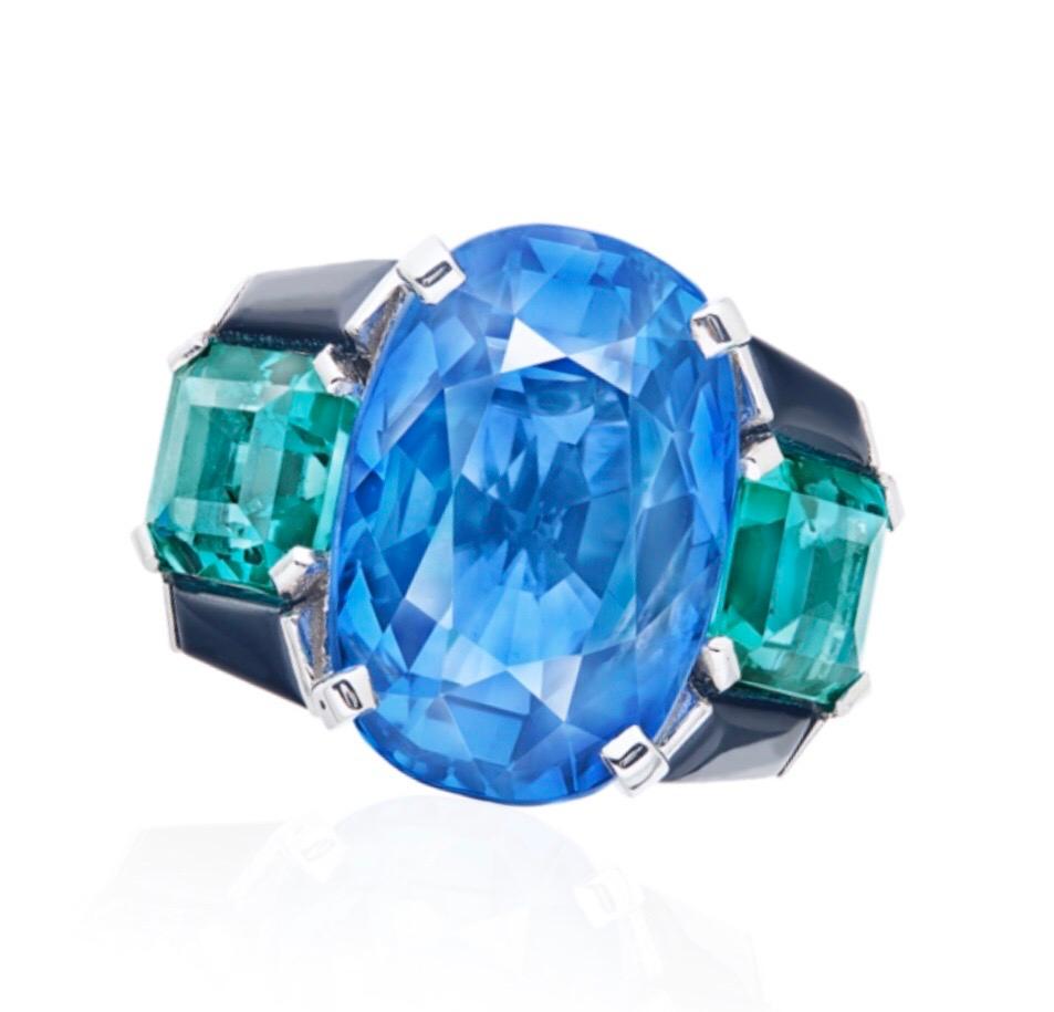 Showcasing a 15 carat certified untreated/no heat Ceylon Sapphire of exceptional color and clarity. Hand made in the Emilio Jewelry Atelier, whom specializes in rare collectible pieces in the precious stone field.
Please inquire for more images, the