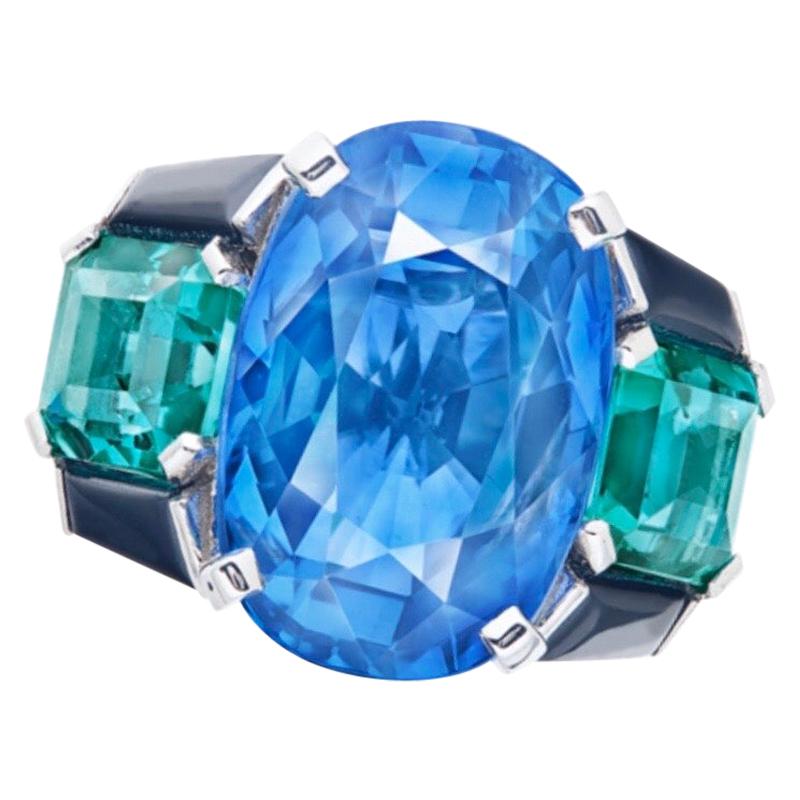 Emilio Jewelry, zertifizierter 15 Karat unbehandelter Saphirring im Angebot