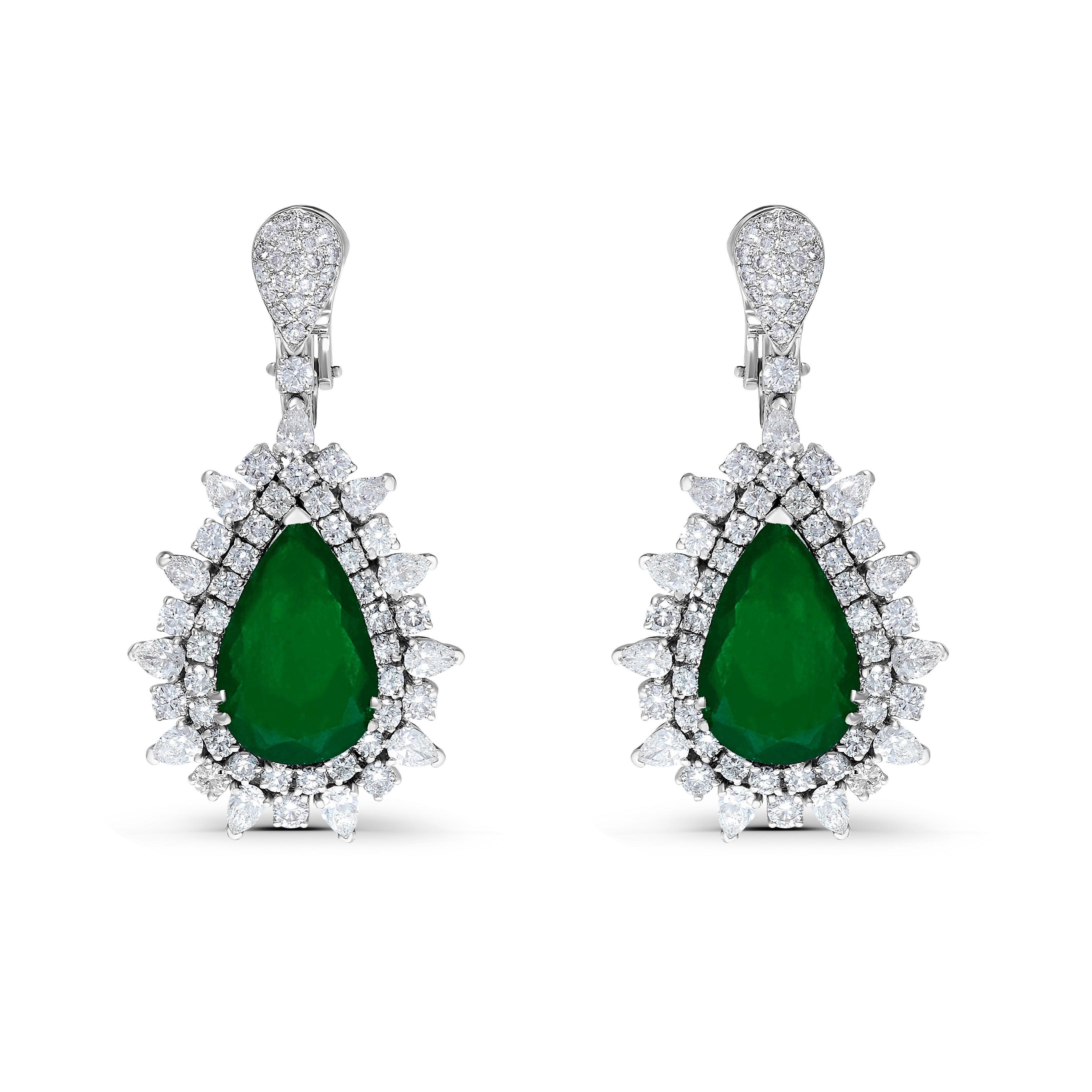 Pear Cut Emilio Jewelry Certified 17.00 Carat Colombian Muzo Vivid Green Emerald Earrings For Sale