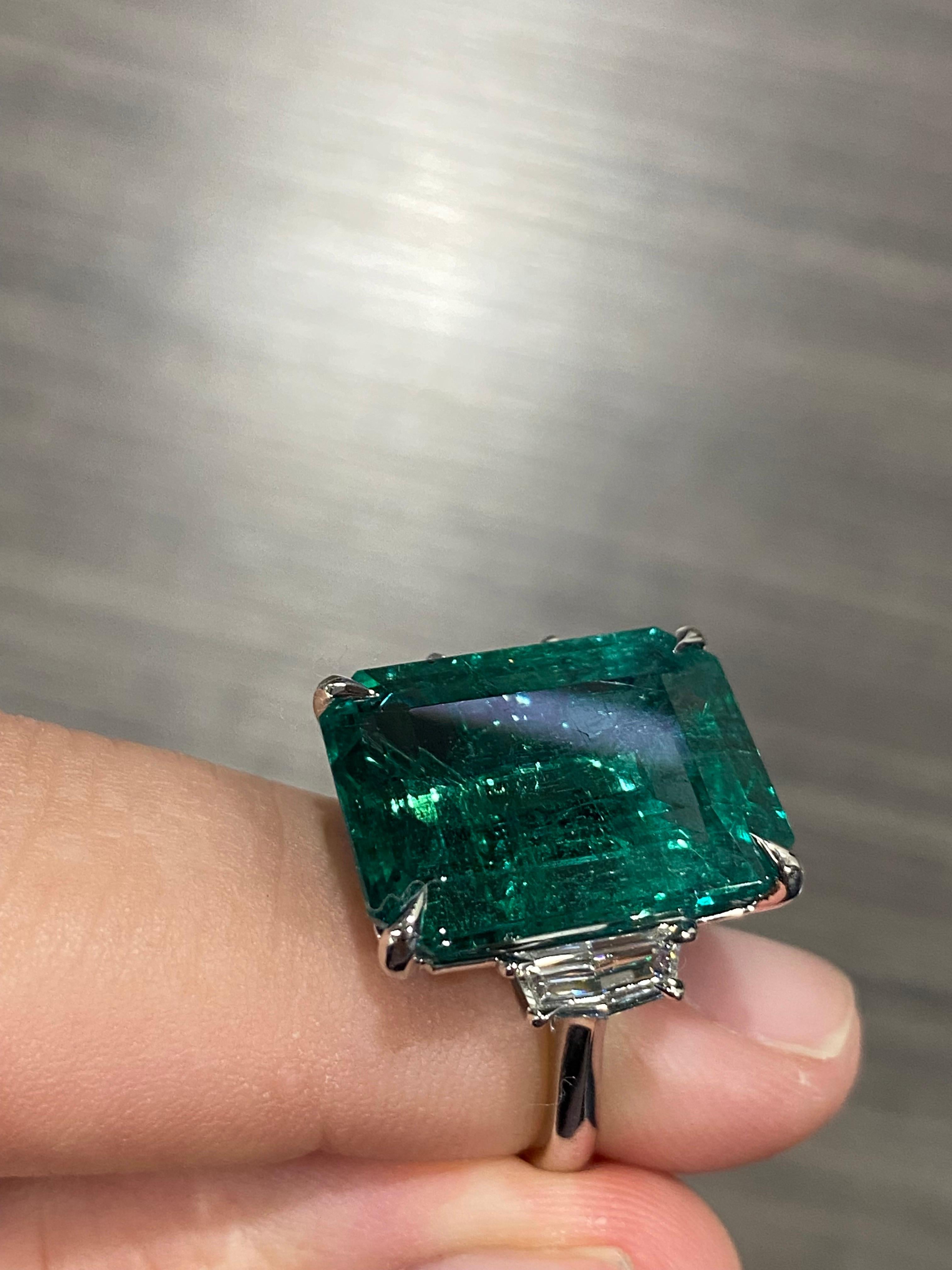 Emerald Cut Emilio Jewelry Certified 17.30 Carat Magnificent Emerald Ring For Sale