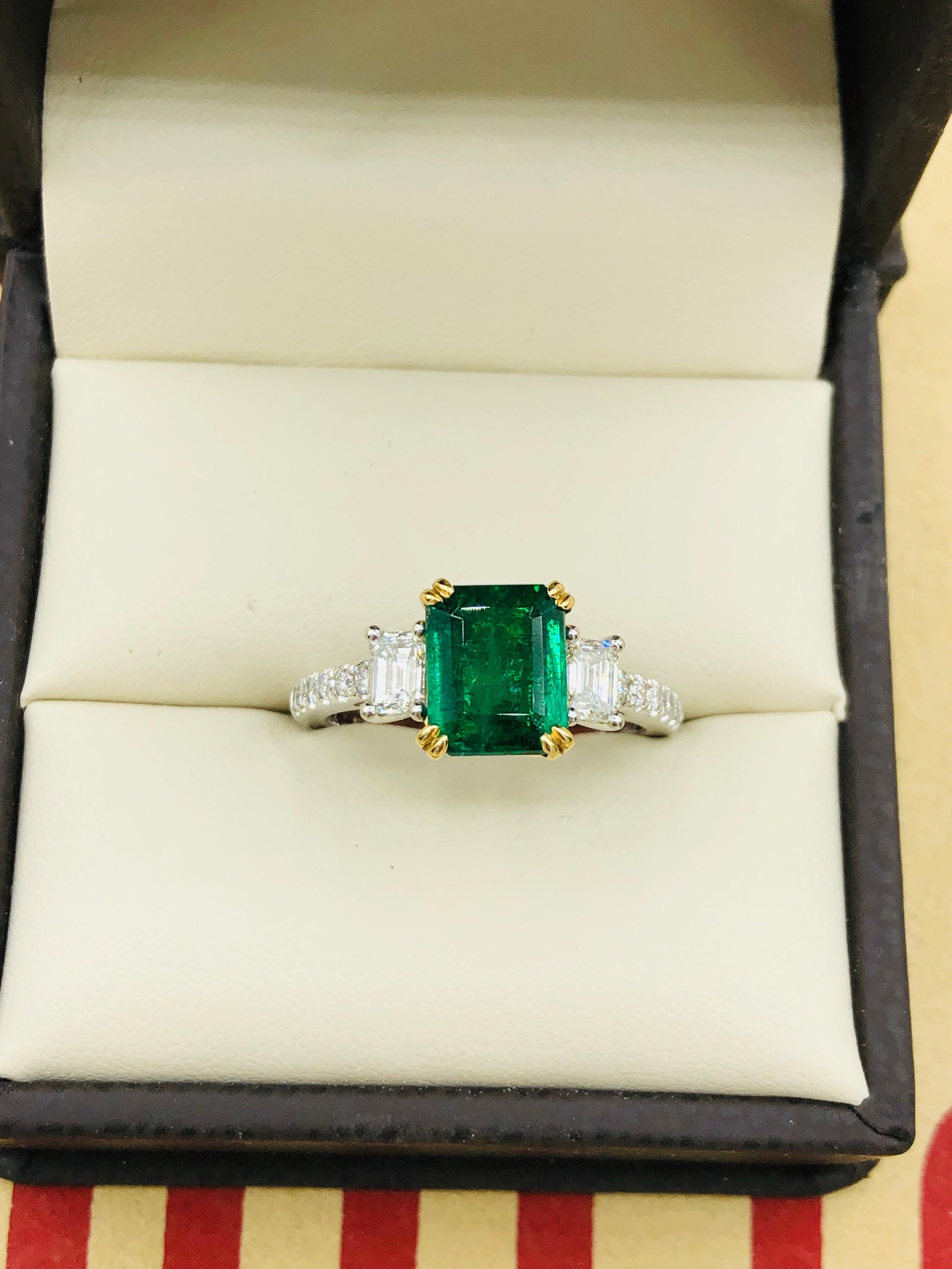Emilio Jewelry Certified 2.42 Carat Genuine Emerald Diamond Platinum Ring For Sale 3