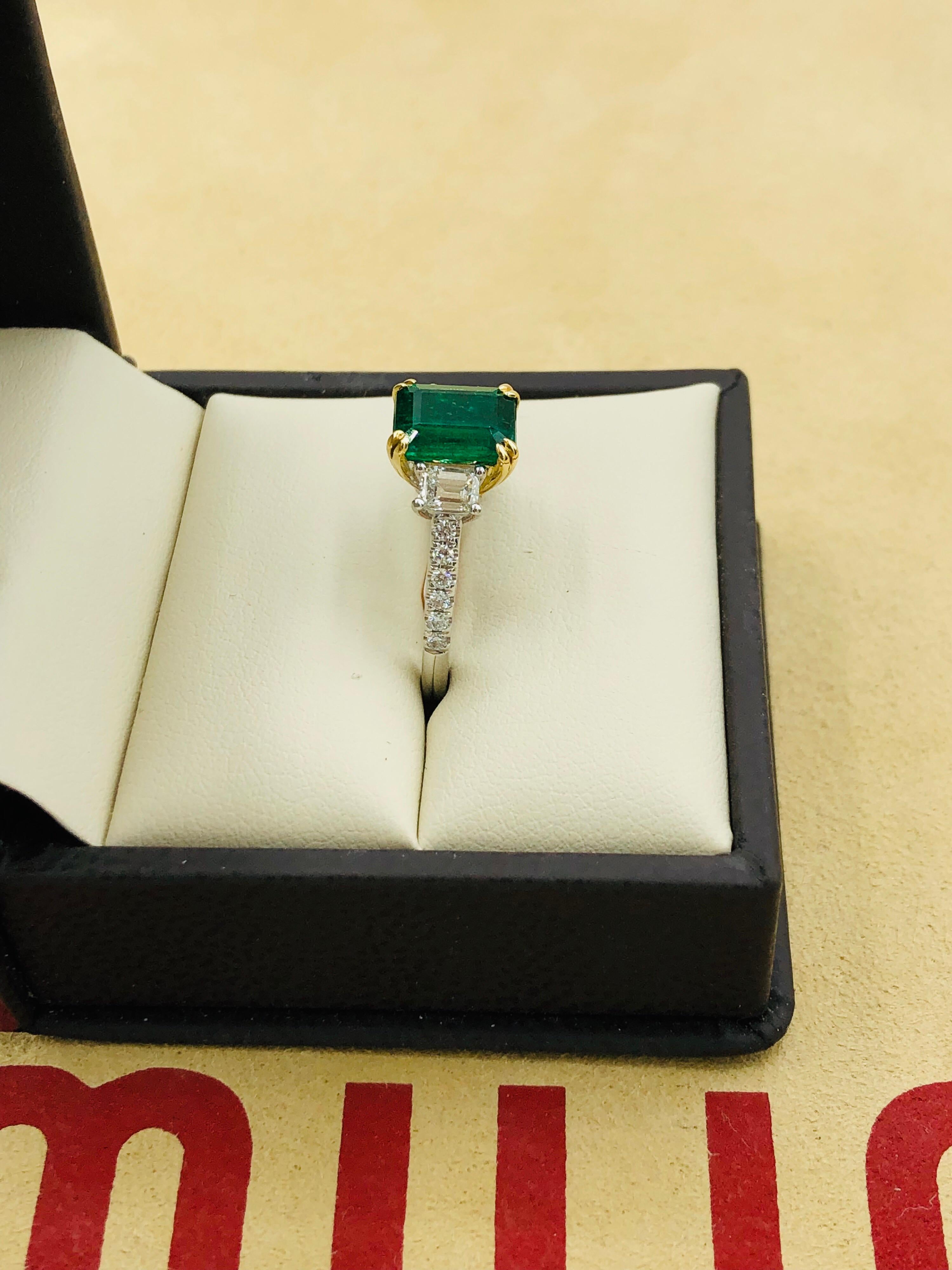 Emilio Jewelry Certified 2.42 Carat Genuine Emerald Diamond Platinum Ring For Sale 4