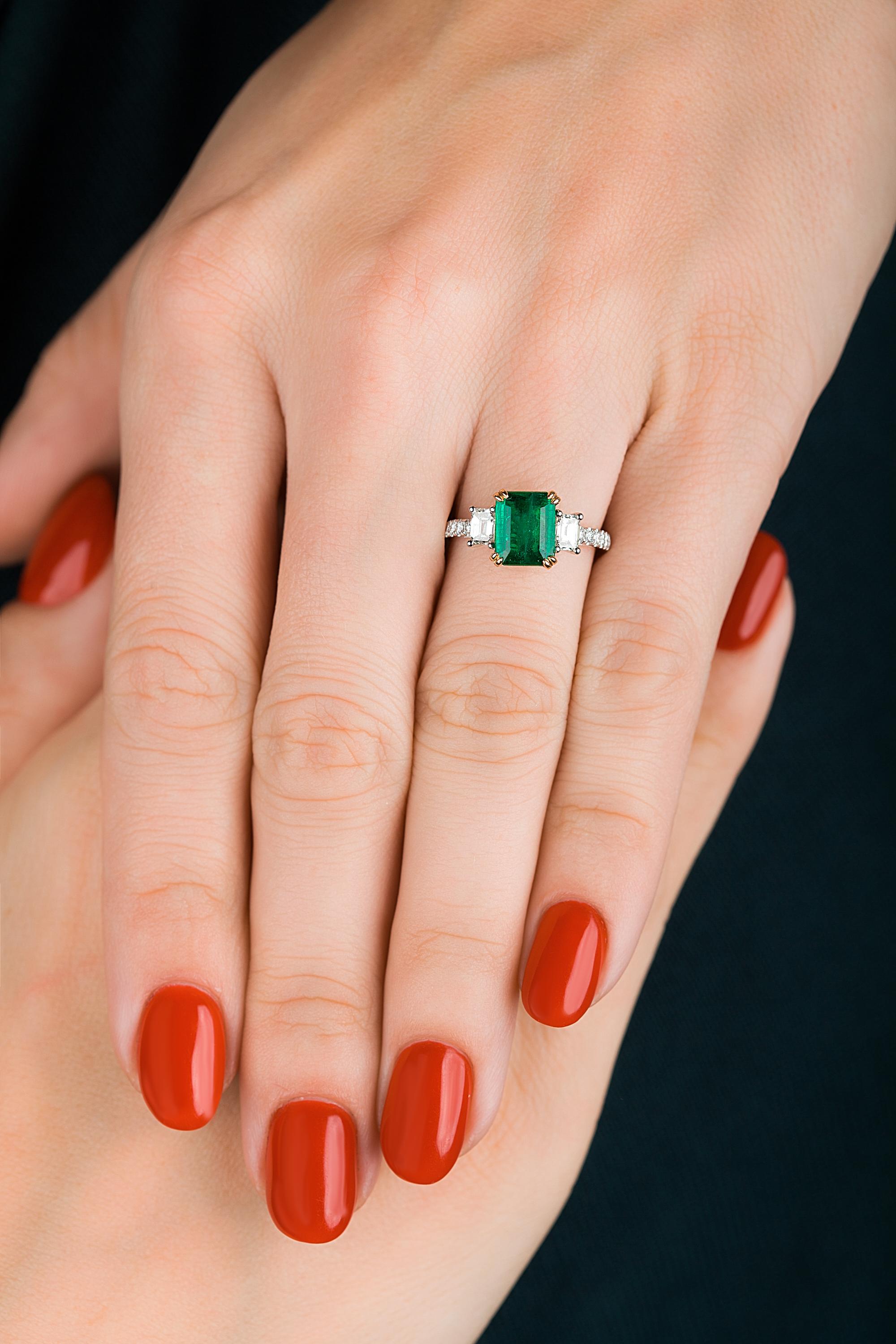 Emilio Jewelry Certified 2.42 Carat Genuine Emerald Diamond Platinum Ring For Sale 5