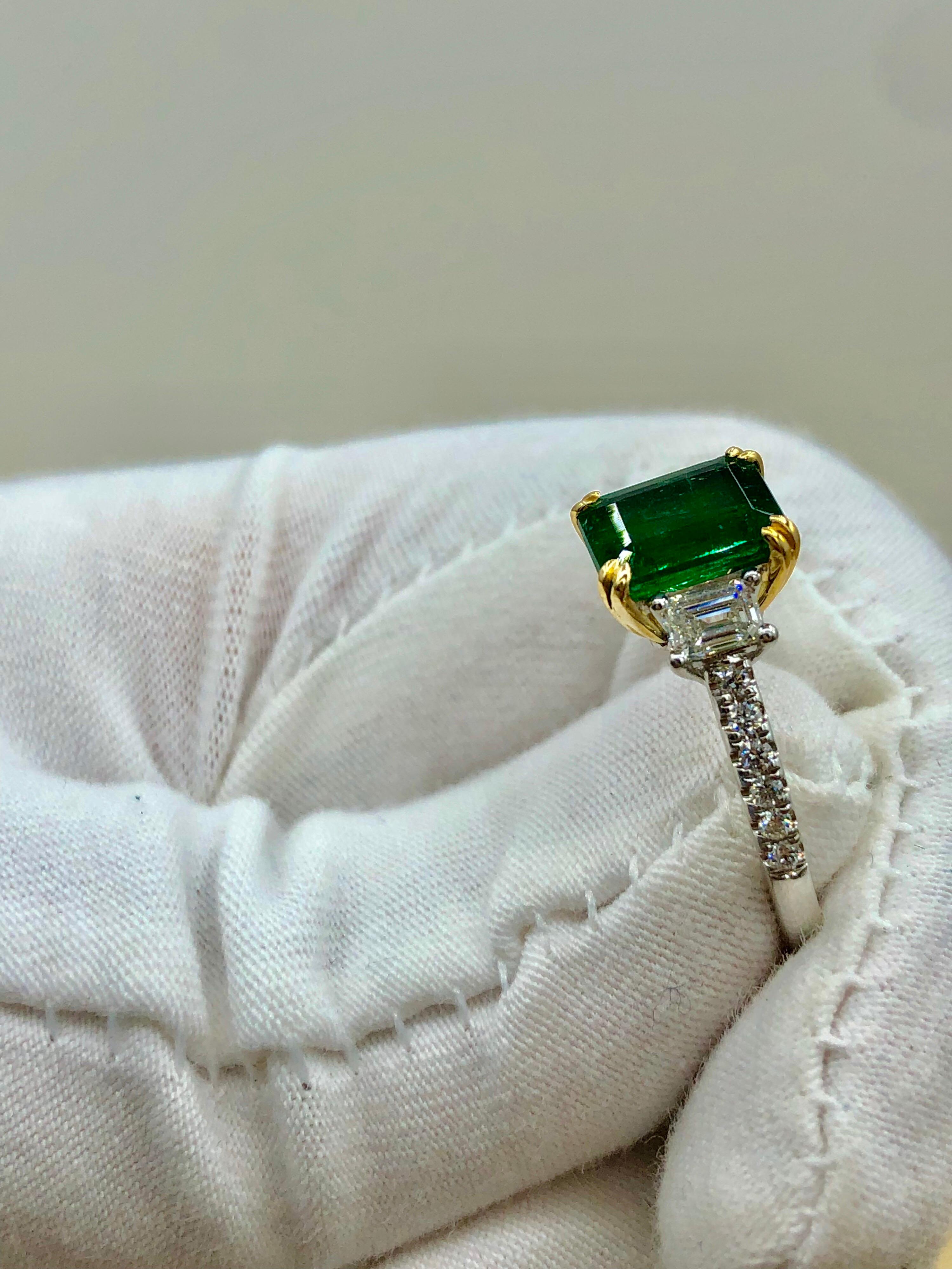 Emilio Jewelry Certified 2.42 Carat Genuine Emerald Diamond Platinum Ring For Sale 6