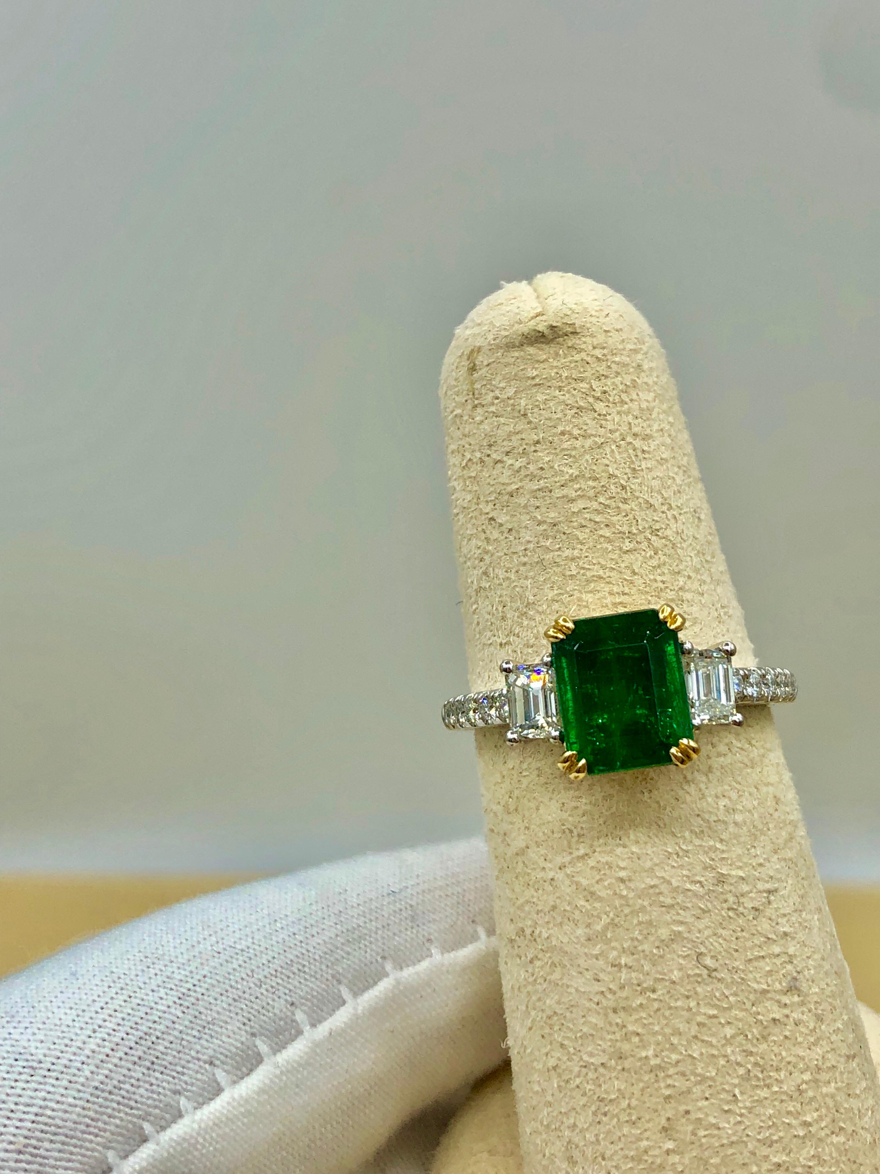 Emilio Jewelry Certified 2.42 Carat Genuine Emerald Diamond Platinum Ring For Sale 7