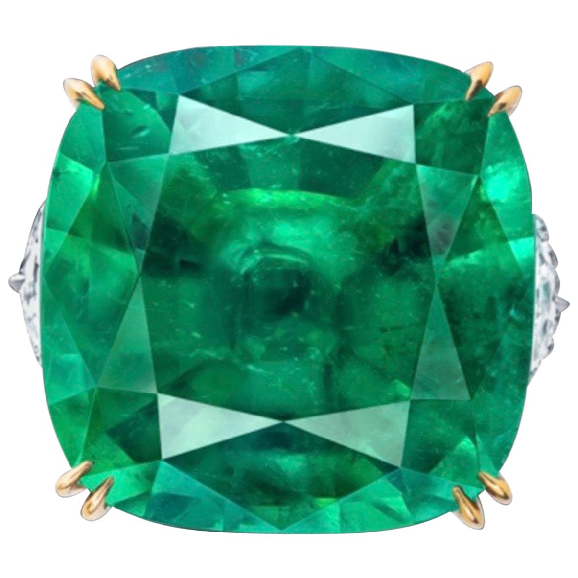Emilio Jewelry Certified 27.00 Carat Untreated No Oil Emerald Ring For Sale