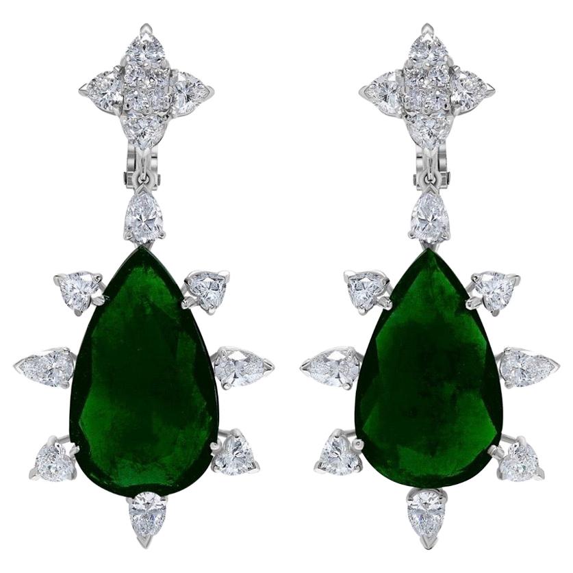 Emilio Jewelry Certified 33 Carat Colombian Emerald Diamond Earrings For Sale