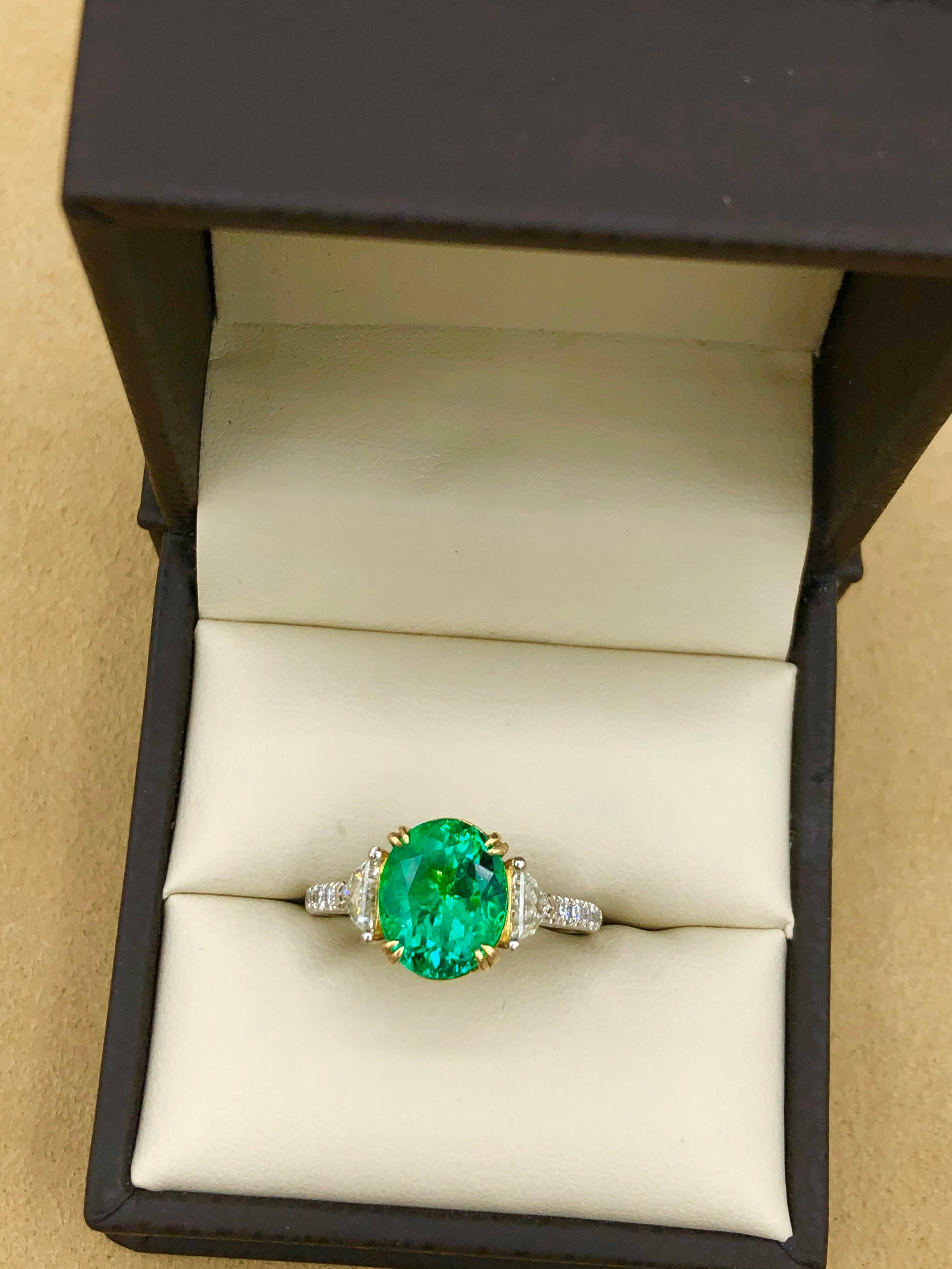 Oval Cut Emilio Jewelry Certified 3.82 Carat Colombian Emerald Diamond Ring