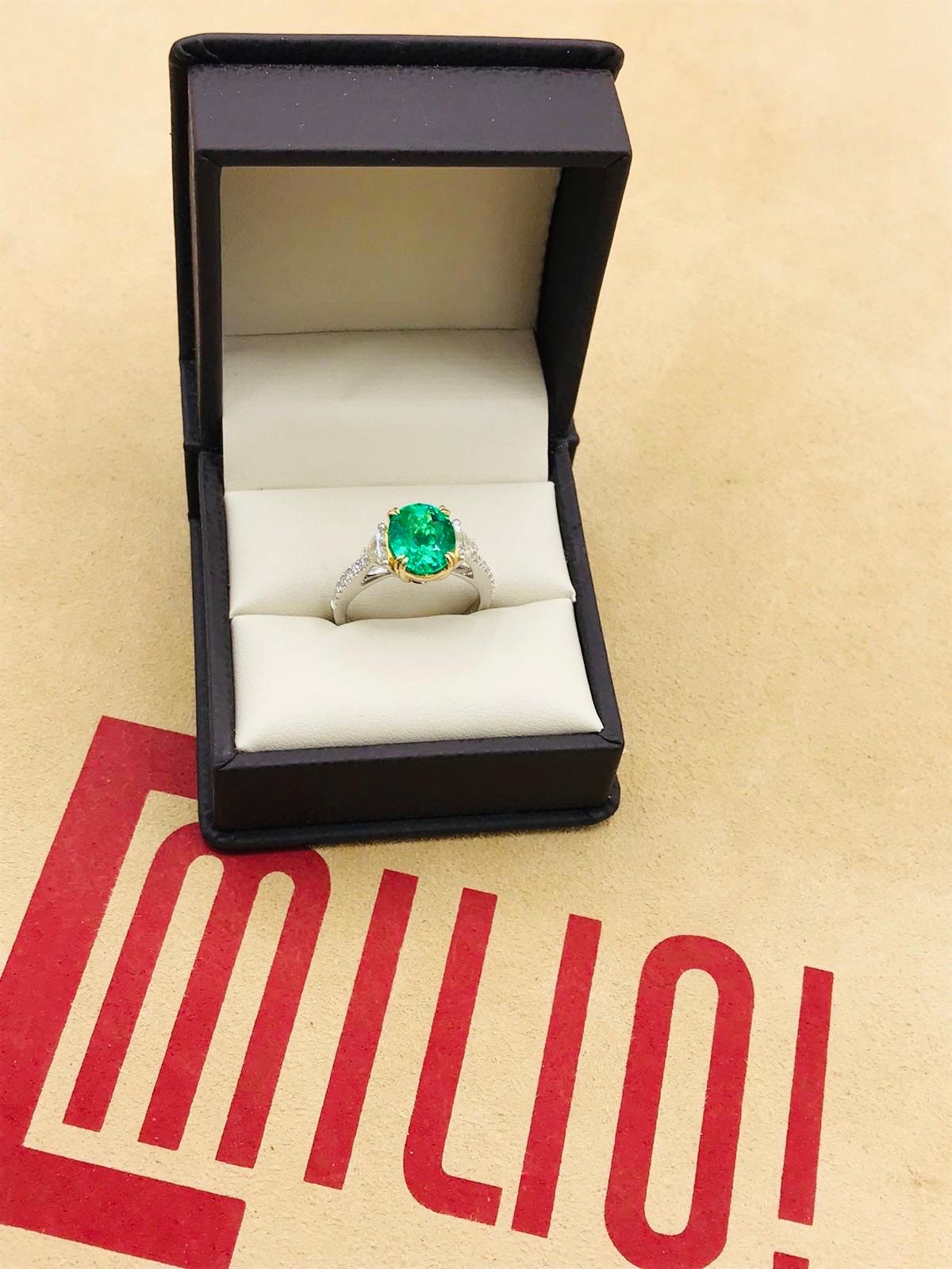 Emilio Jewelry Certified 3.82 Carat Colombian Emerald Diamond Ring 2