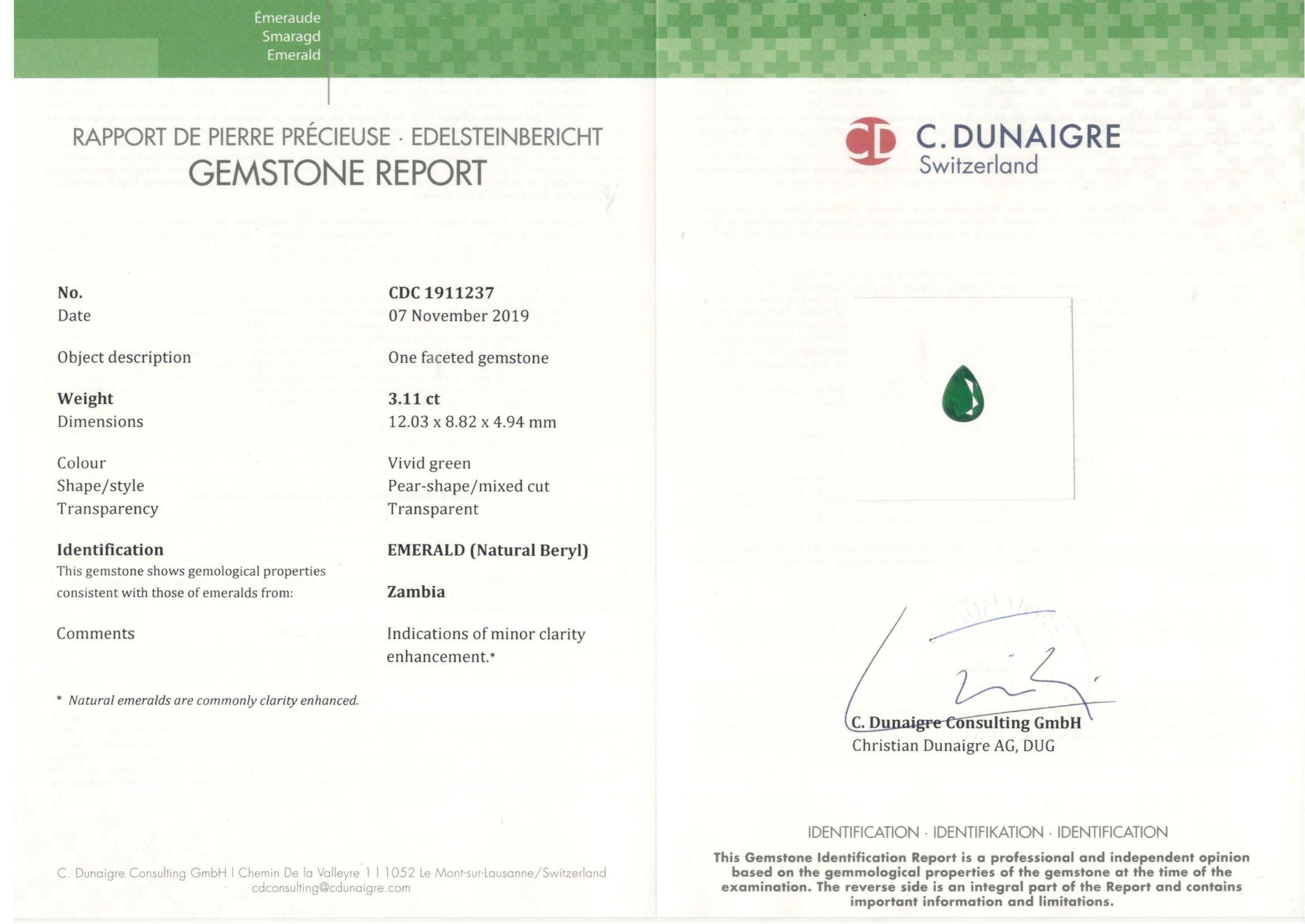 Showcasing a pear shape 3.12ct Genuine Emerald certified by C.Dunaigre. Based on emerald grading methodology the clarity of the emerald is Internally flawless-vvs1 with no imperfections visible to the naked eye. The  emerald is treated with only