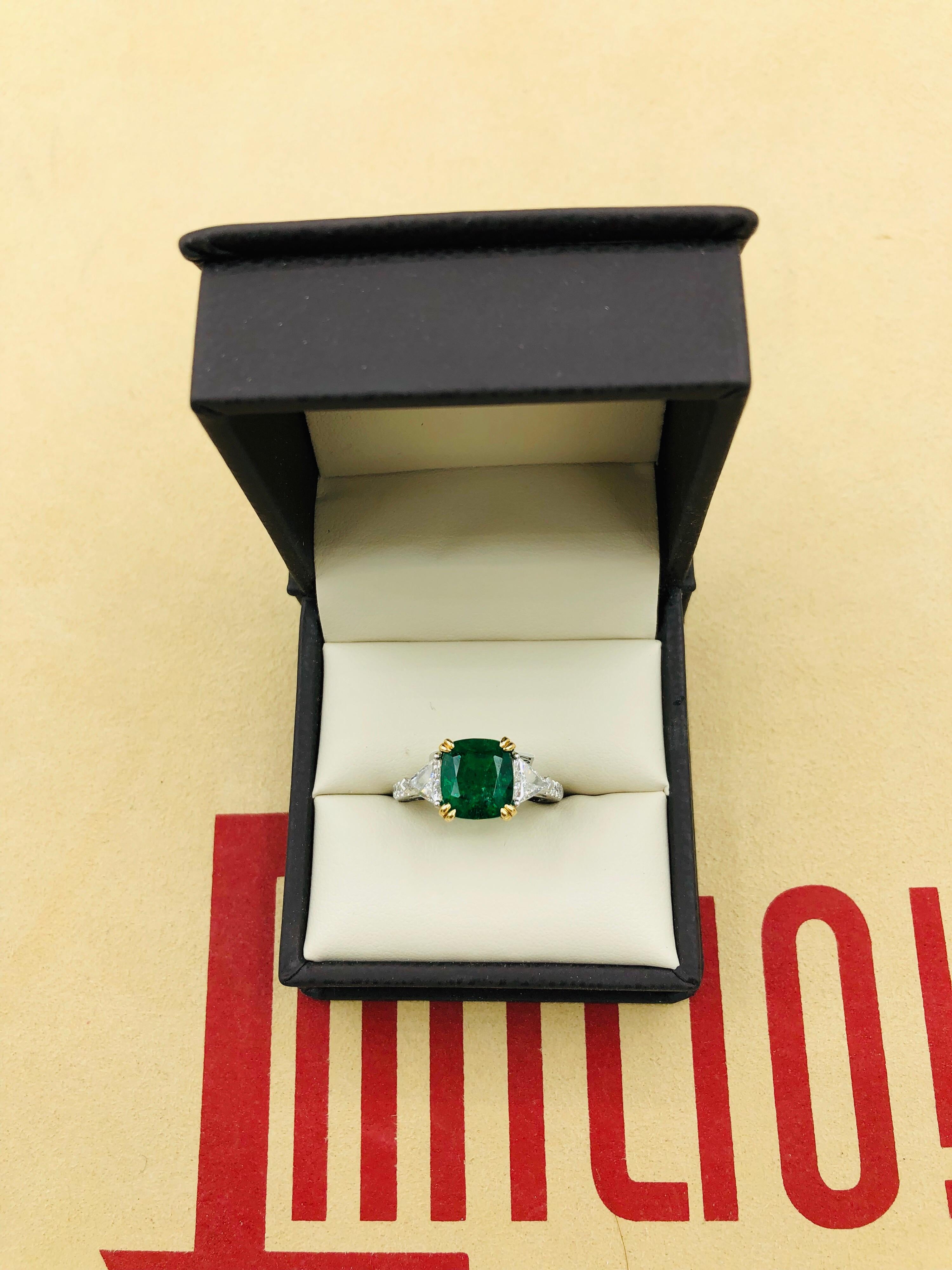 Emilio Jewelry Certified 4.24 Carat Emerald Platinum Diamond Ring 1