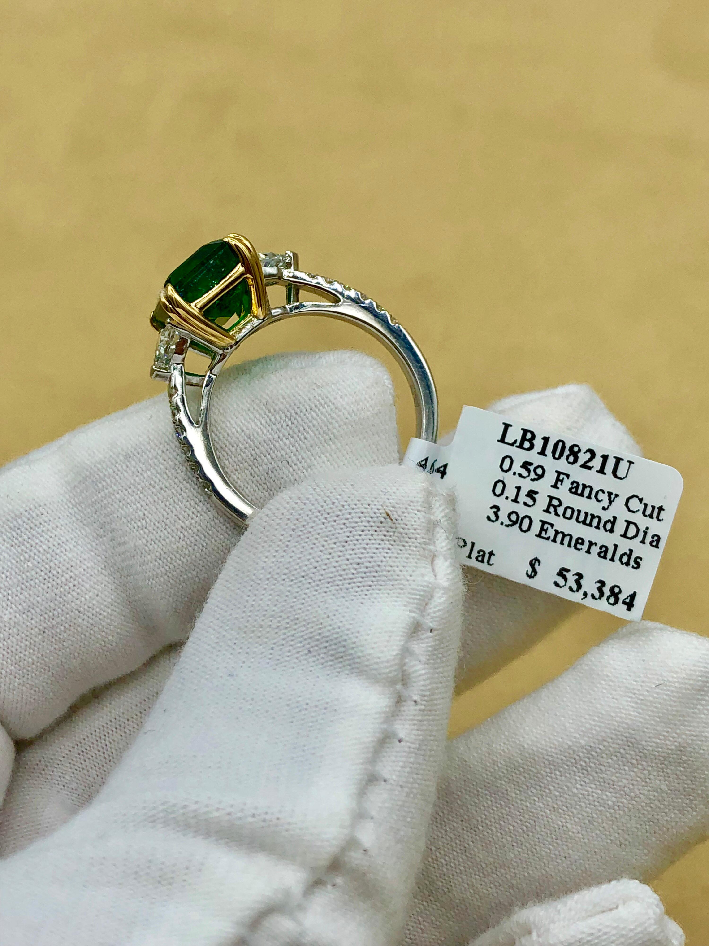 Emilio Jewelry Certified 4.64 Carat Emerald Diamond Platinum Ring 8