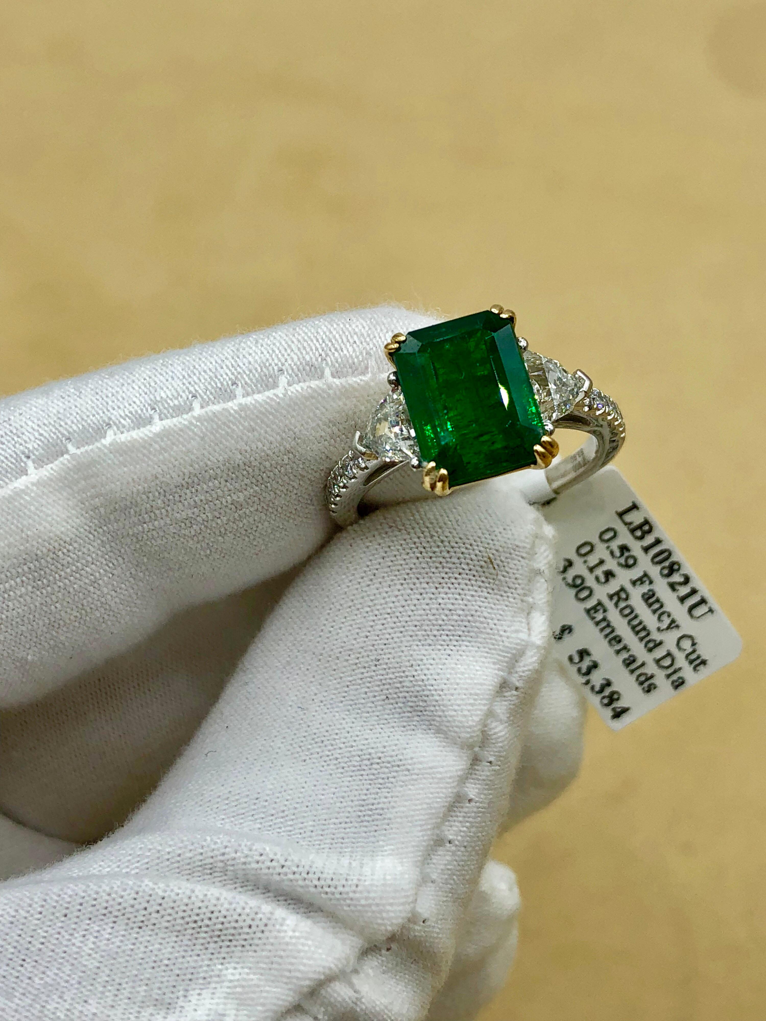Emilio Jewelry Certified 4.64 Carat Emerald Diamond Platinum Ring 9