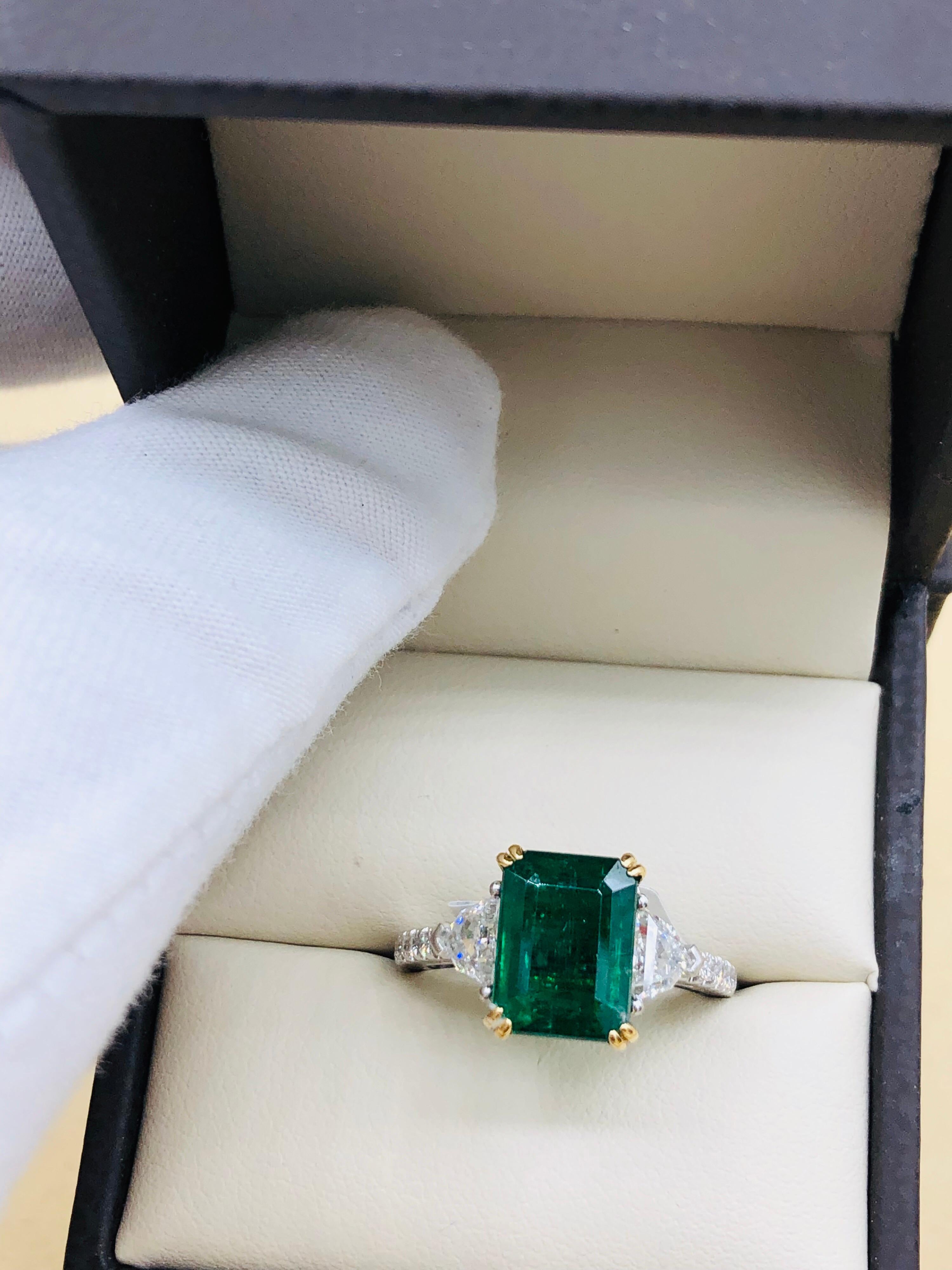 Emilio Jewelry Certified 4.64 Carat Emerald Diamond Platinum Ring 11