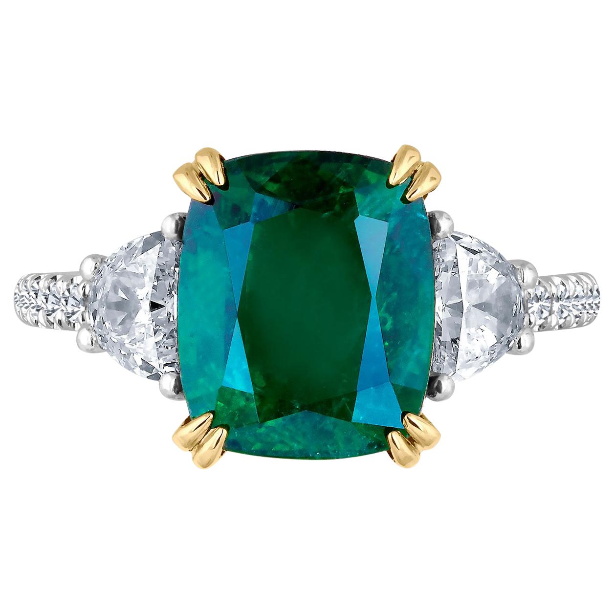 Emilio Jewelry Certified Vivid Green 4.97 Carat Emerald Diamond Platinum Ring