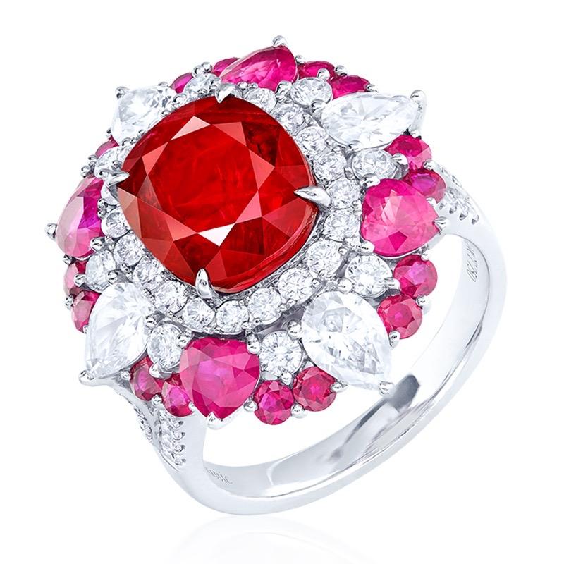 From the Museum Vault at Emilio Jewelry vault in New York,
Main stone: 5.15 carats Pigeon Blood Red OVAL
Setting: 4 fancy-cut white diamonds totaling approximately 0.96 carats, 62 white diamonds totaling approximately 0.89 carats, 16 colorful