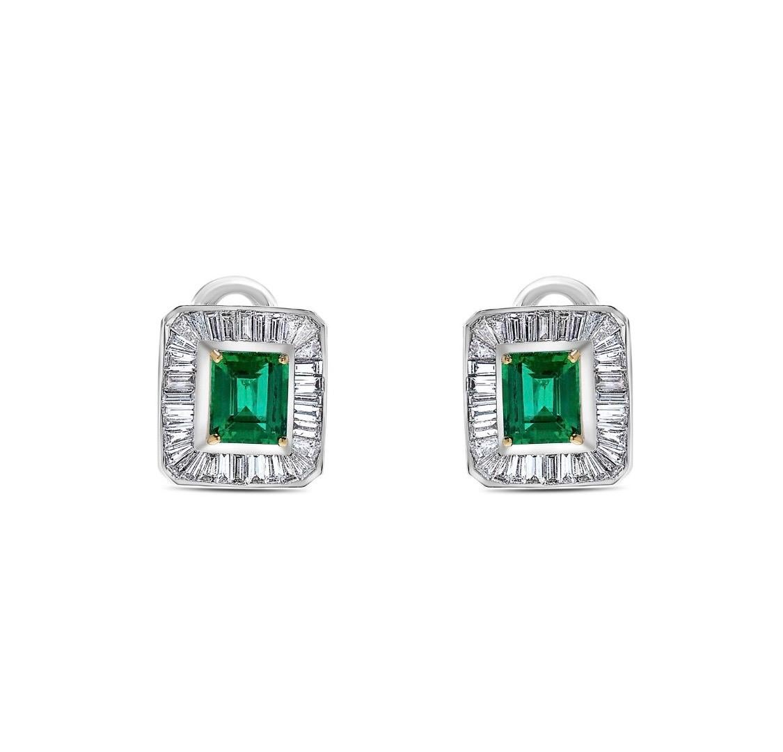 From the Emilio Jewelry Vault, Showcasing two gem quality certified Colombian emeralds in the center of vivid color, excellent transparency and clarity.  
Emeralds: 3.50 carats
diamonds: 1.80 carats colorless vvs1 clarity. 
Please inquire for more