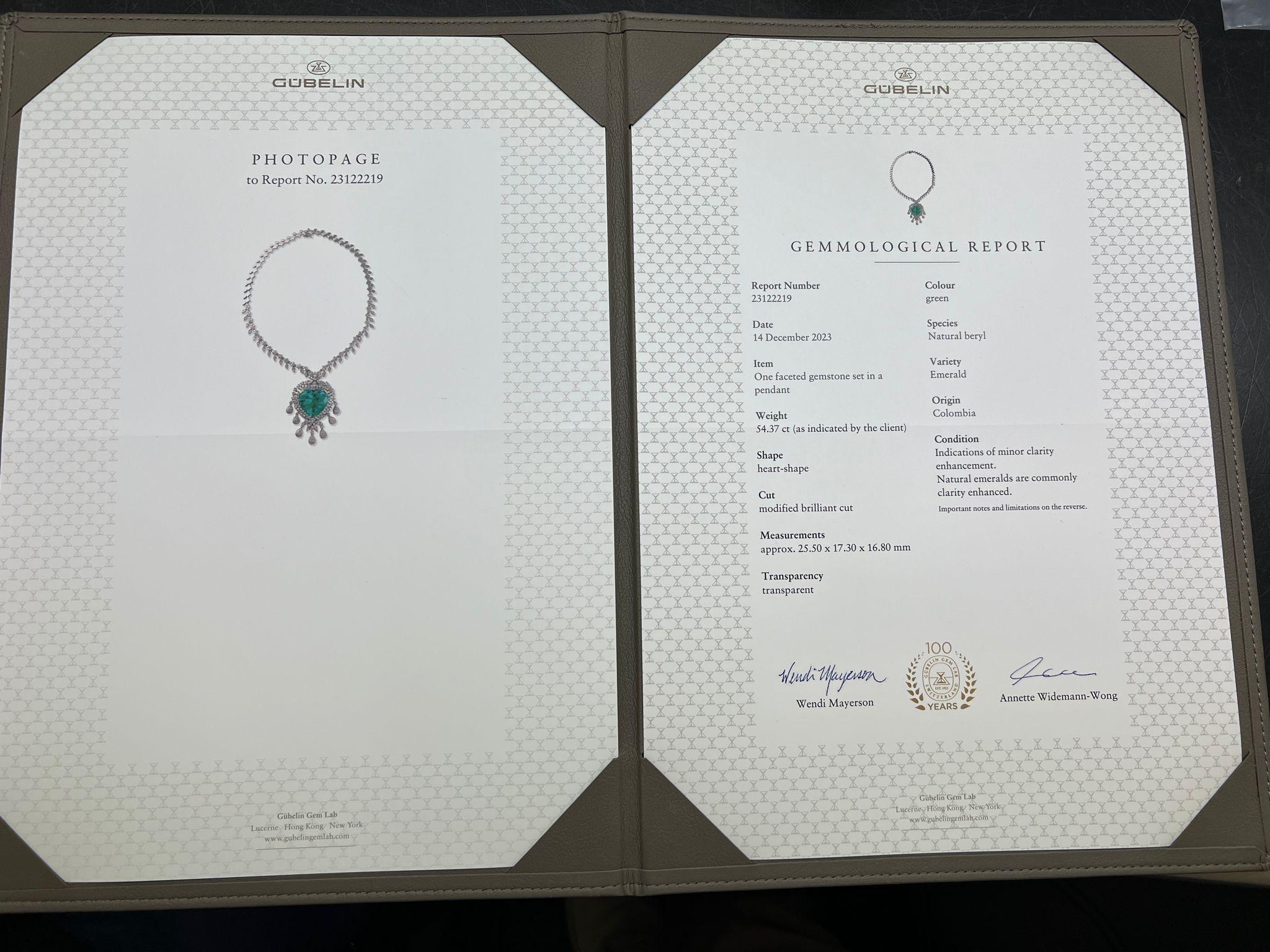Emilio Jewelry Certified 54 Carat Vivid Green Colombian Emerald Heart Necklace For Sale 7