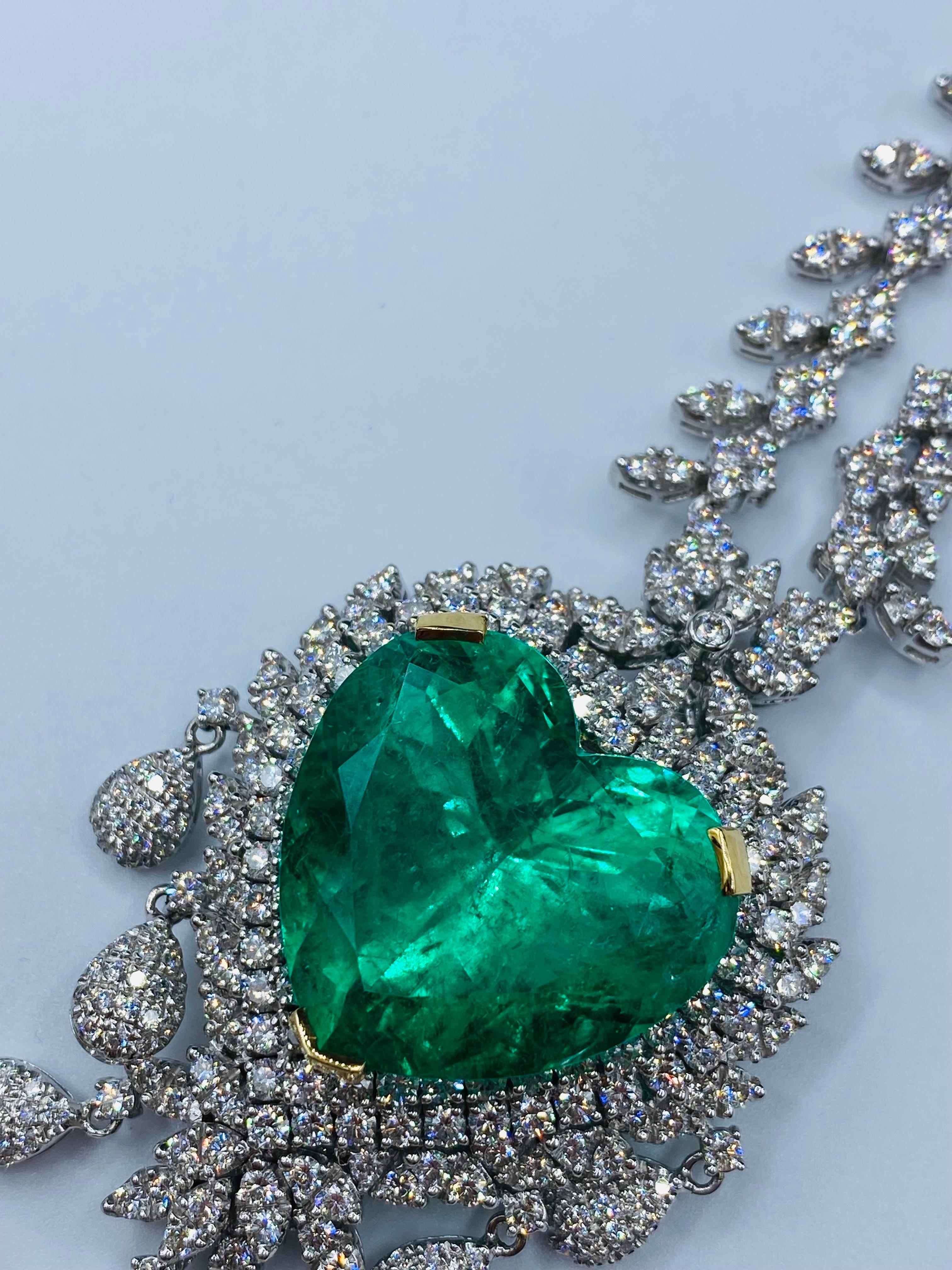 From Emilio Jewelry, a well known and respected wholesaler/dealer located on New York’s iconic Fifth Avenue,
Colombian Emeralds of this quality are hard to come by, especially in a heart shape of this quality and size! The focal point of this