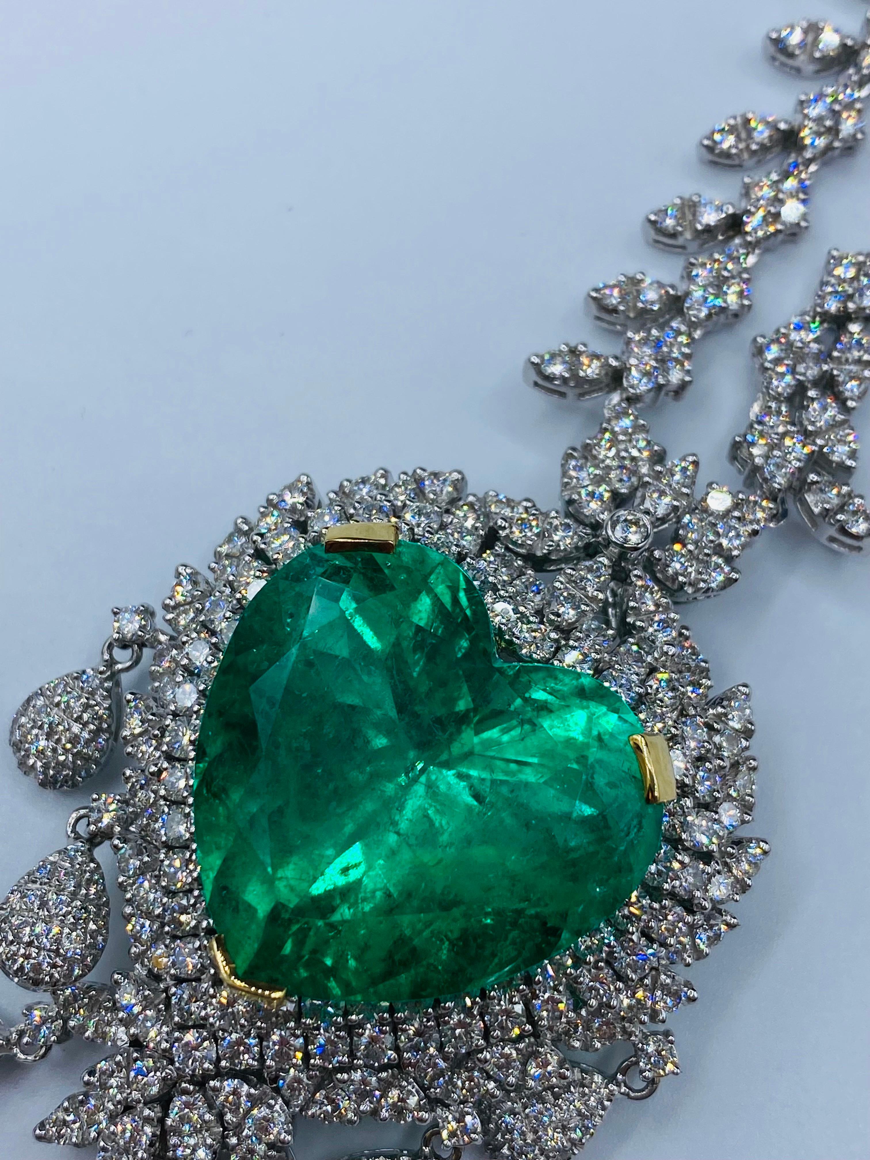 Heart Cut Emilio Jewelry Certified 54 Carat Vivid Green Colombian Emerald Heart Necklace For Sale
