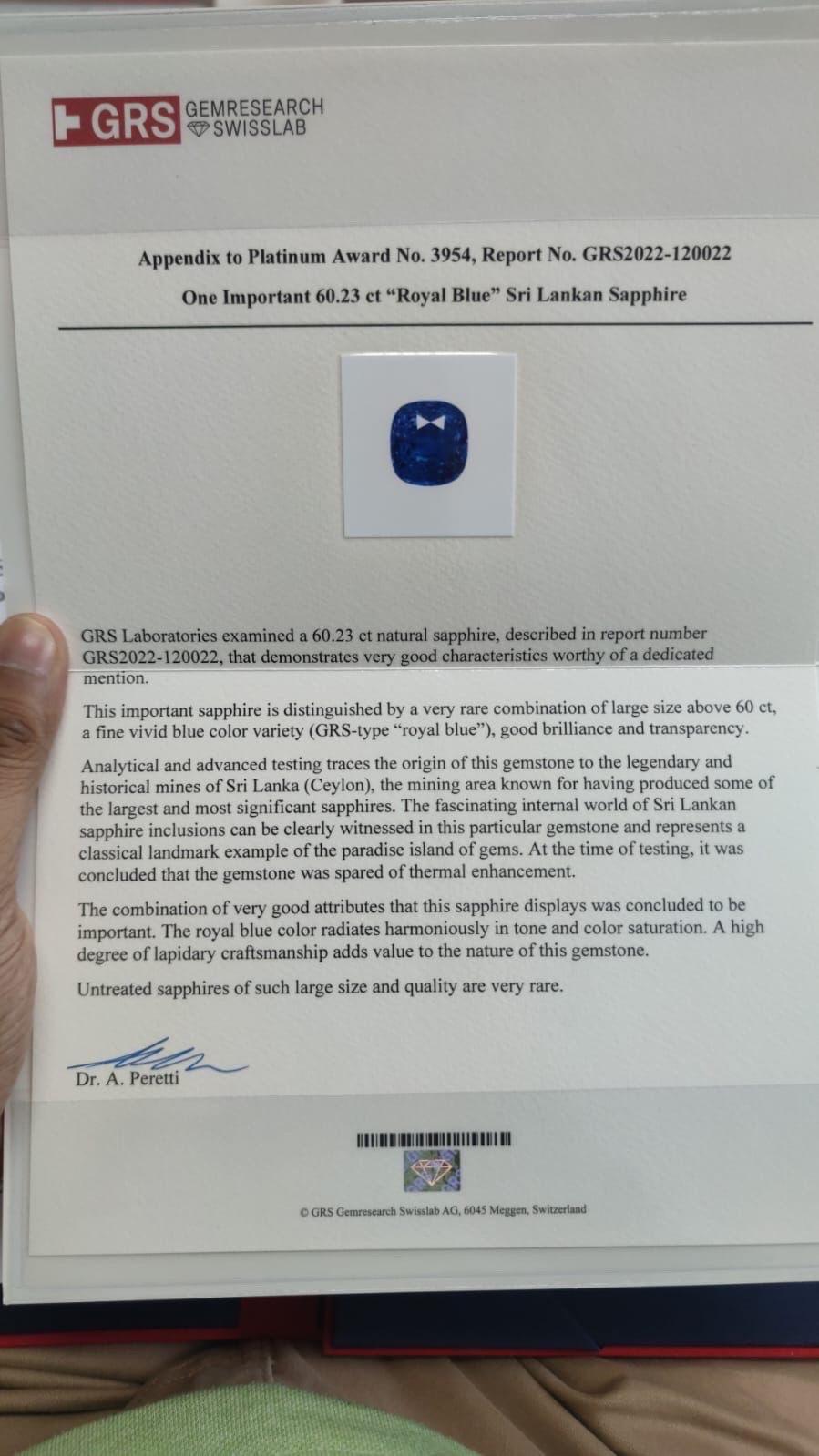 From Emilio Jewelry, a well known and respected wholesaler/dealer located in the Iconic Gem Tower/Gia Building in New York's Diamond District.

Introducing one of the rarest sapphires in the world. Platinum award from Grs and Untreated Sri Lanka